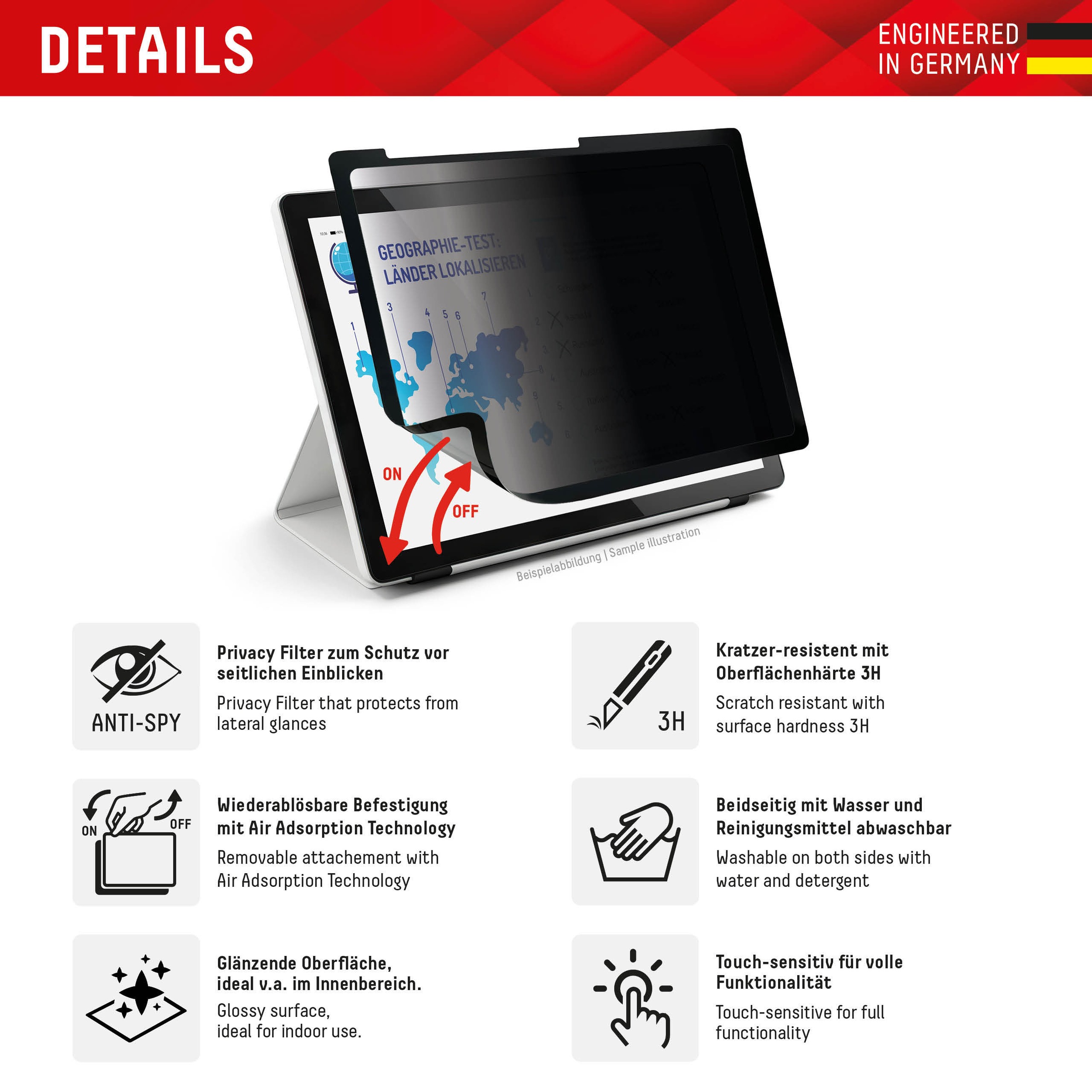 Displex Film de protection d'écran »Tablet Privacy Safe« für Apple iPad Pro 11" (2024/2025) Blickschutzfolie, Schutzfolie, Bildschirmschutz, kratz- & stossfest