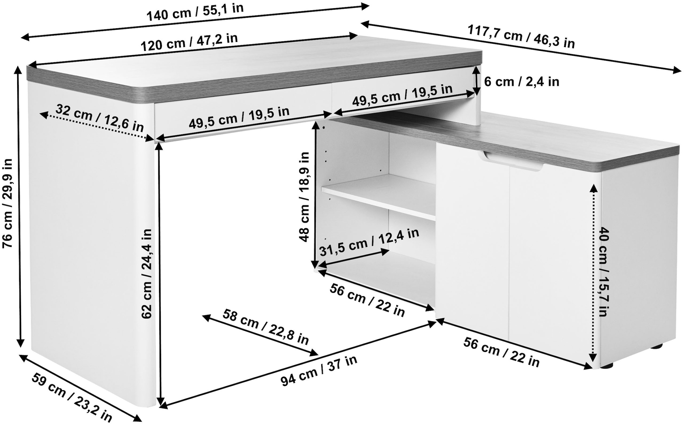 Jahnke Eckschreibtisch »LIBRE C 155 E« 1 Stk. tlg. wechselseitig montierbar, Breite ca. 140 cm