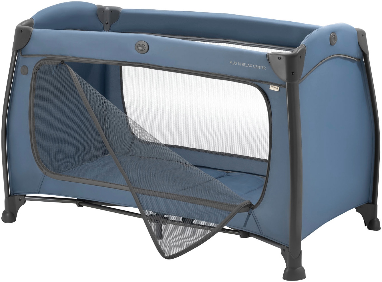 Hauck Baby-Reisebett »Play N Relax Center, dark blue« inkl. Neugeboreneneinhang, Wickelmulde, Ausstieg, Räder