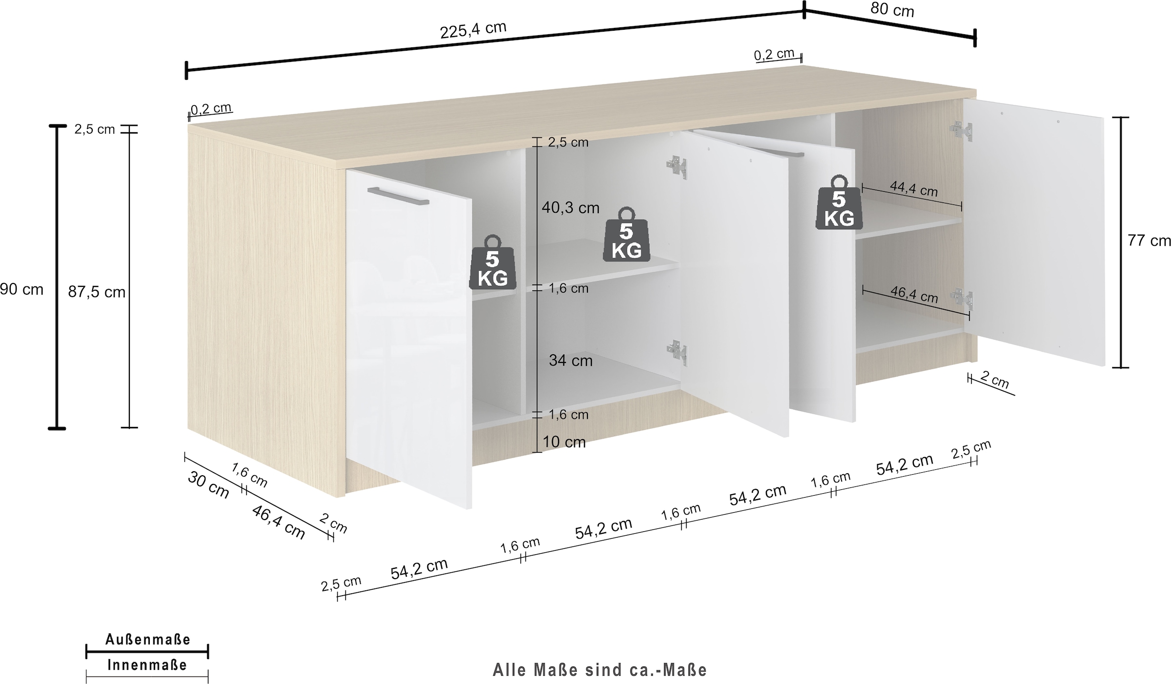 KOCHSTATION Ilot de cuisine »KS-Luna« largeur 225 cm, 4 portes, 8 compartiments intérieurs, 4 places assises, portes amorties