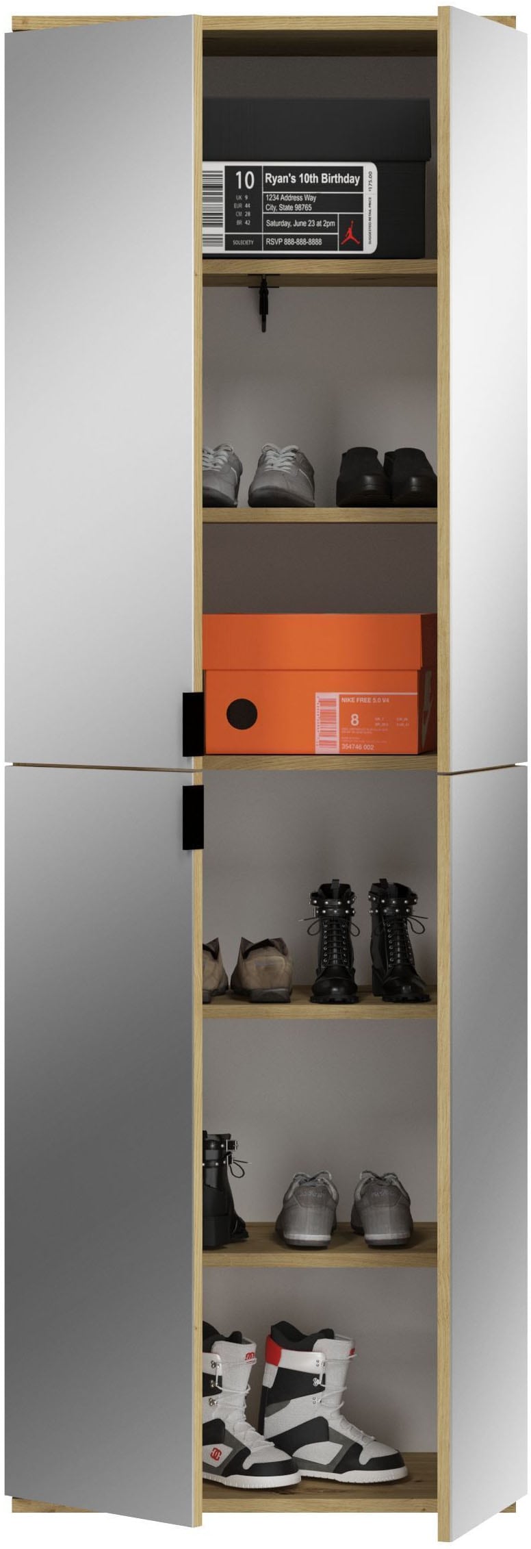 Home affaire Schuhschrank »Trondheim, Höhe 193 cm, 4 Spiegeltüren, 9 Fächer, 7 Einlegeböden« inkl. ausziehbarer Kleiderstange, Garderobenschrank, Kleiderschrank