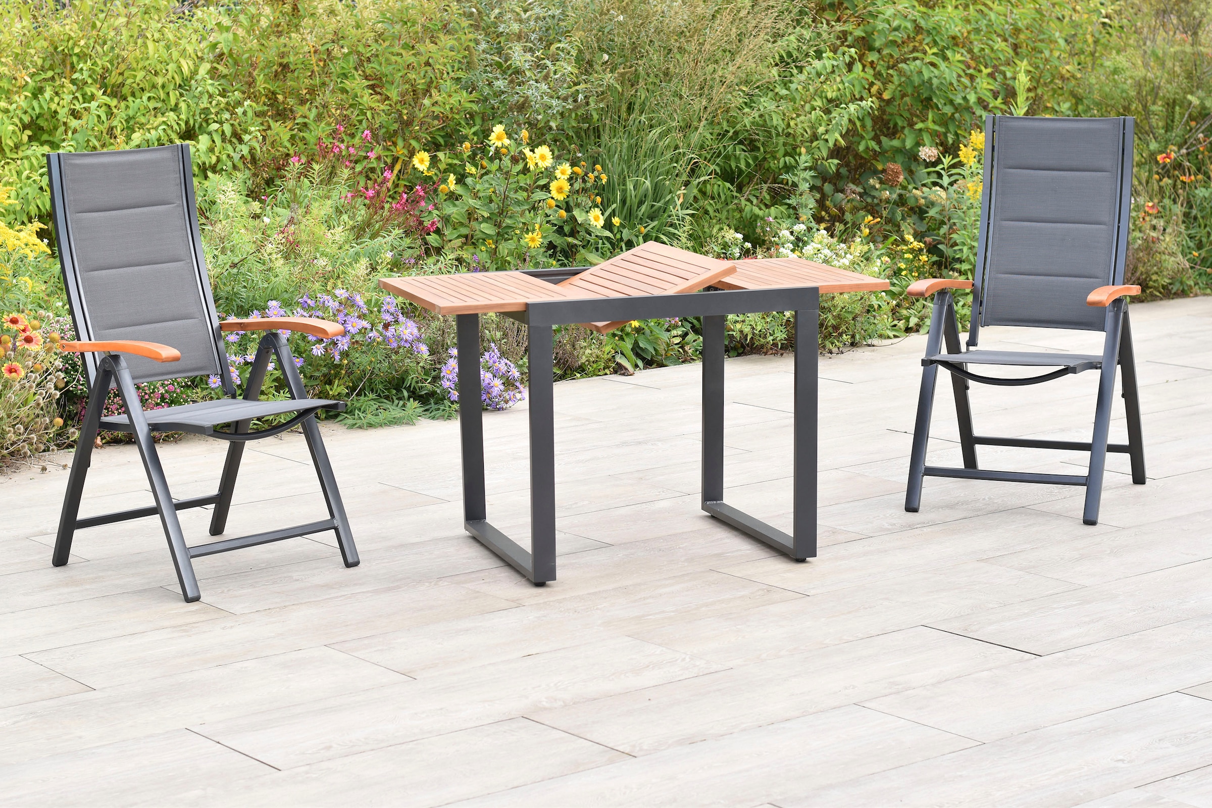 MERXX Balkonset »Paxos« Set, 3 tlg. inkl. 2 Klappsessel, 1 Balkonausziehtisch