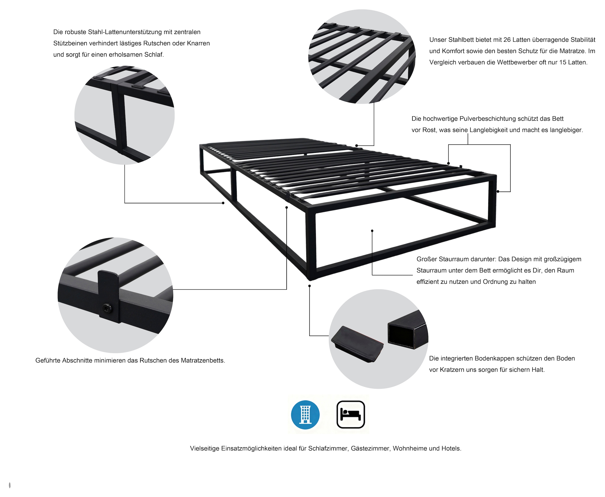 GOODproduct Metallbett »Stockholm in 3 Breiten Bestseller Otto´s Choice« mit 26 Lattenrosten für den perfekten Schutz deiner Matratze,  Moderner Bettrahmen Bett Schlafzimmer Bettgestell Massiv