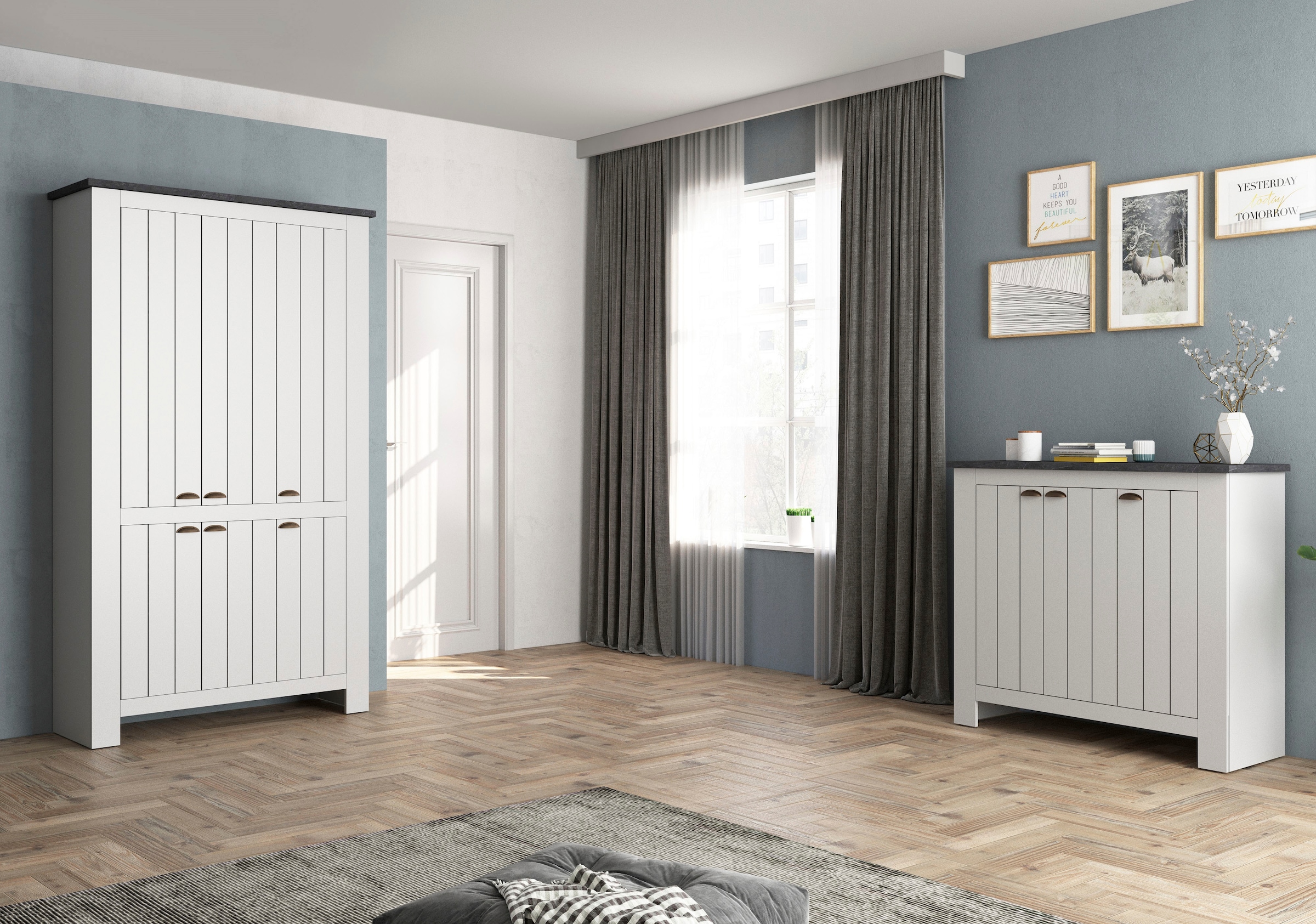 Home affaire Schuhschrank »FIGO, Made in Italy – Schuhkommode,Schuhregal für ca. 60 Paar Schuhe« 1 Stk. tlg. 6-Türig, Siebdruck-dekorative Fräsungen, 20 Fächer, Höhe: 60 cm