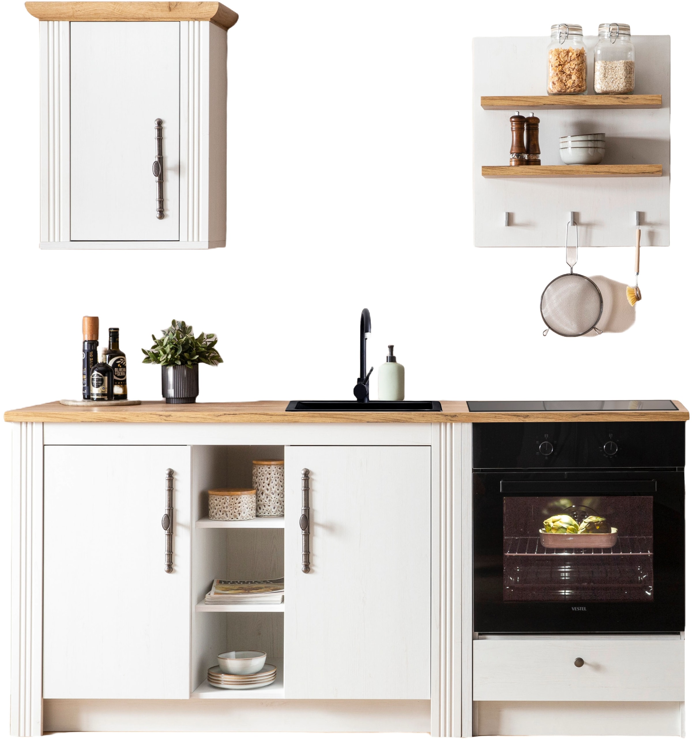 GOODproduct Kitchenette »KS-Westminster, Pantryküche im Landhaus Stil, hochwertige Metallgriffe« Ensemble,  Largeur 194 cm, commode, panneau mural, armoire suspendue et habillage de cuisinière