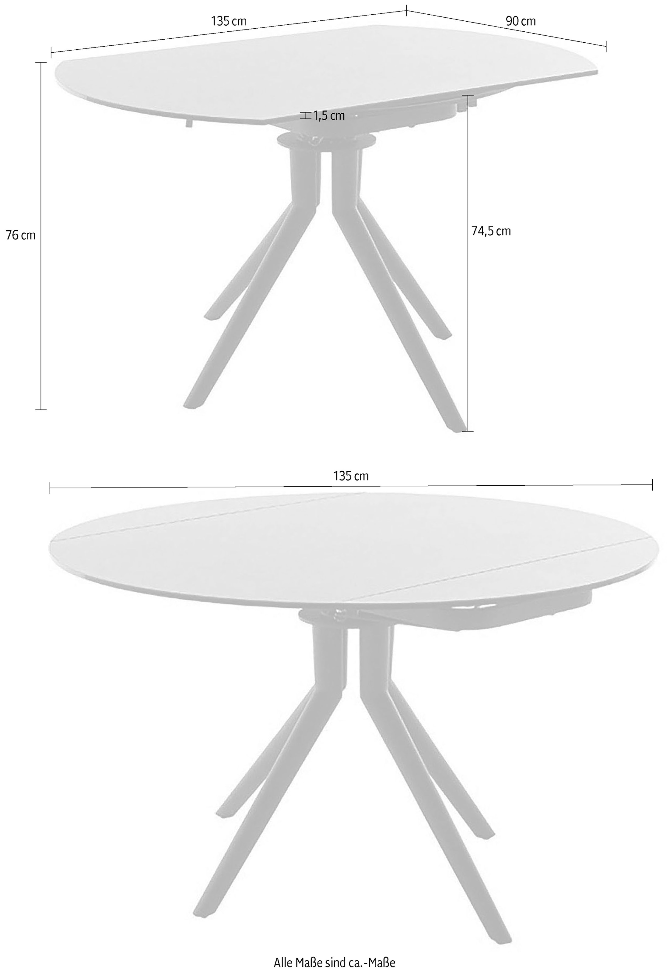 MCA furniture Table de salle à manger »RUBIKON Vierfusstisch 90-135 cm« Einzelstück,  Keramik, Metall, Längsseitenauszug, ausziehbar, 13 mm
