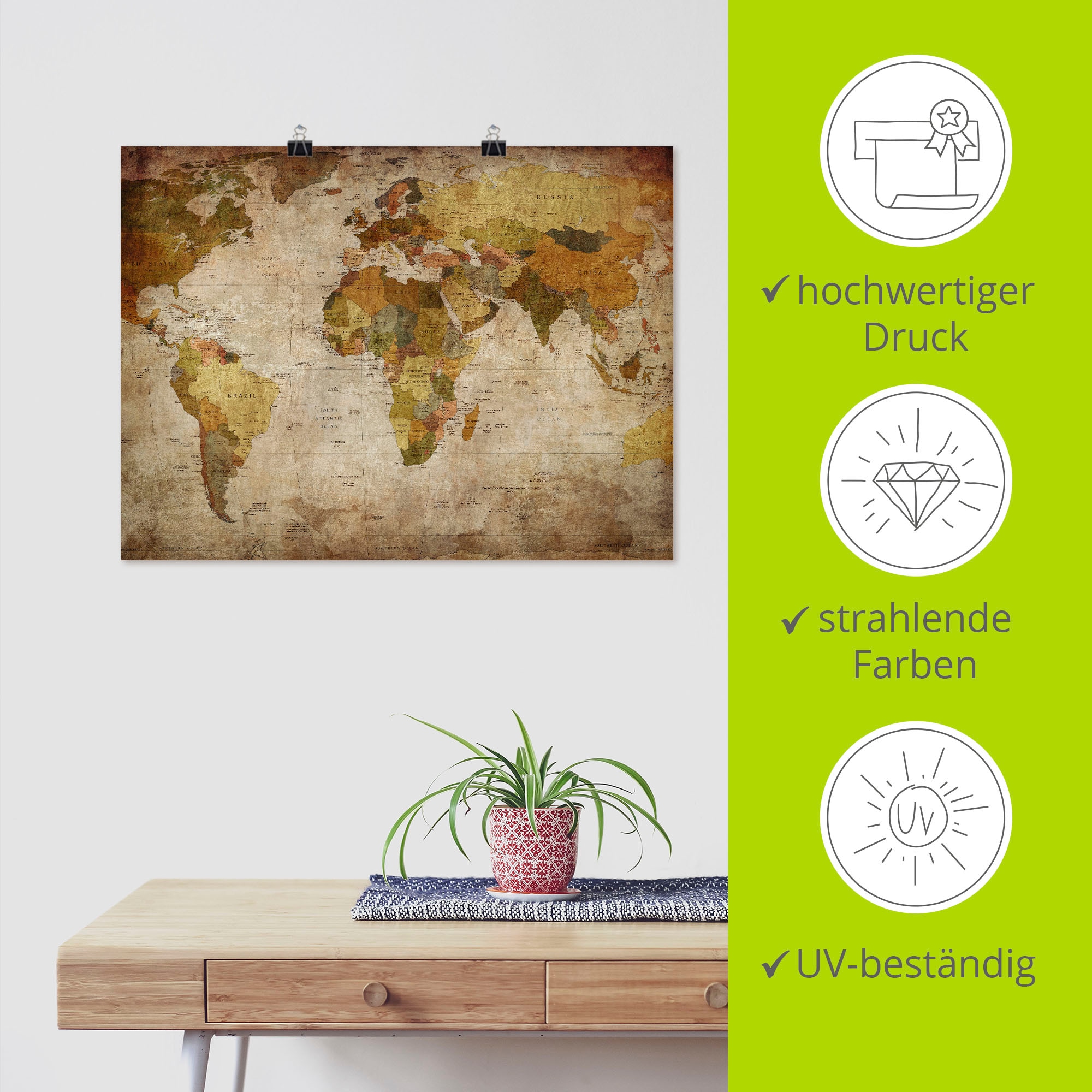 Artland Wandbild »Weltkarte« Landkarten 1 Stk. tlg. als Alubild, Outdoorbild, Leinwandbild, Poster, Wandaufkleber