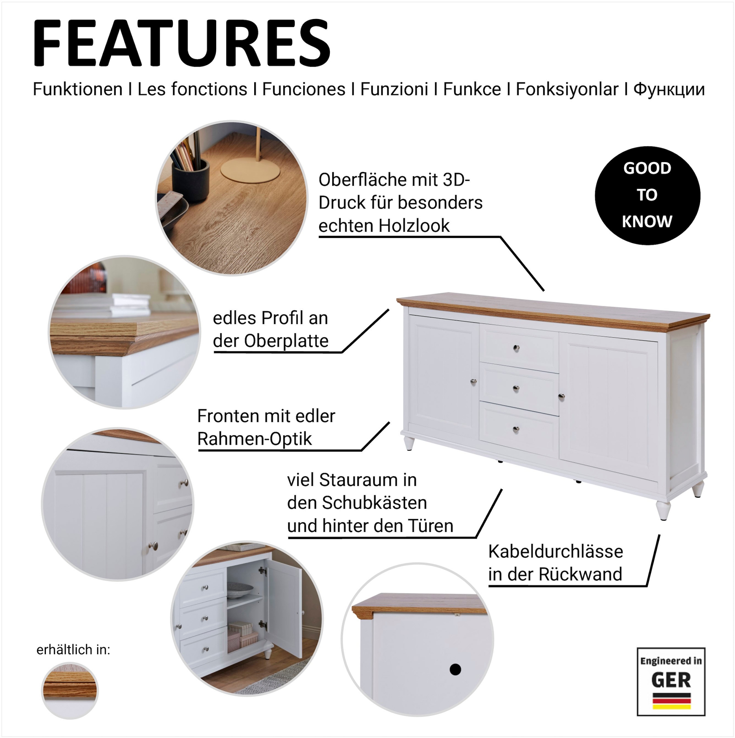 Jahnke Buffet »COTTAGE SB 150« 1 cuis tlg. Buffet, style campagne, 2 portes et 3 tiroirs, largeur env. 150 cm