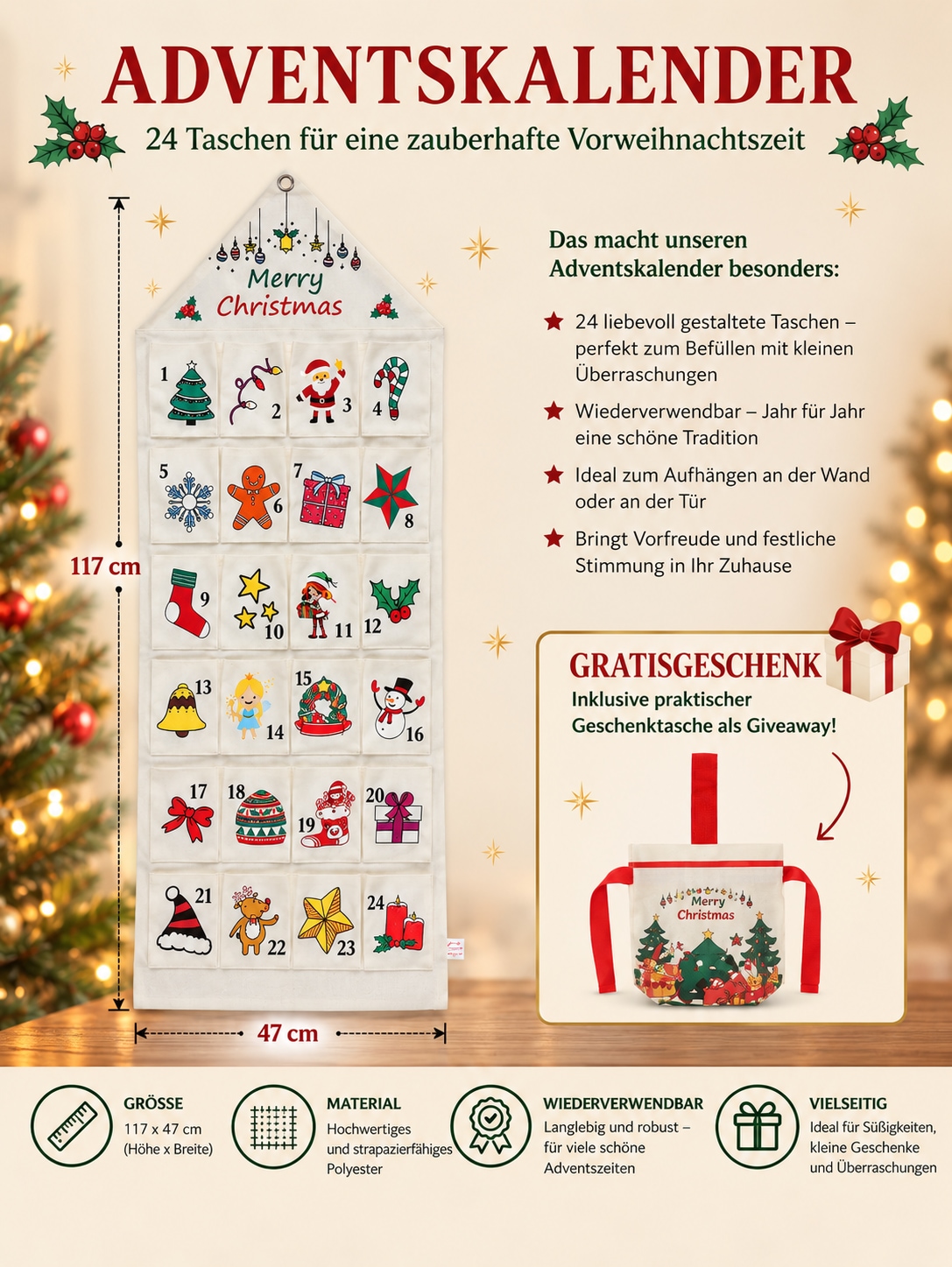 GOODproduct Adventskalender »aus Stoff mit kunterbunten Motiven,zum Befüllen« Es liegt keine Altersempfehlung vor ca.47x117cm, ideal für Türen oder als Wandbehang