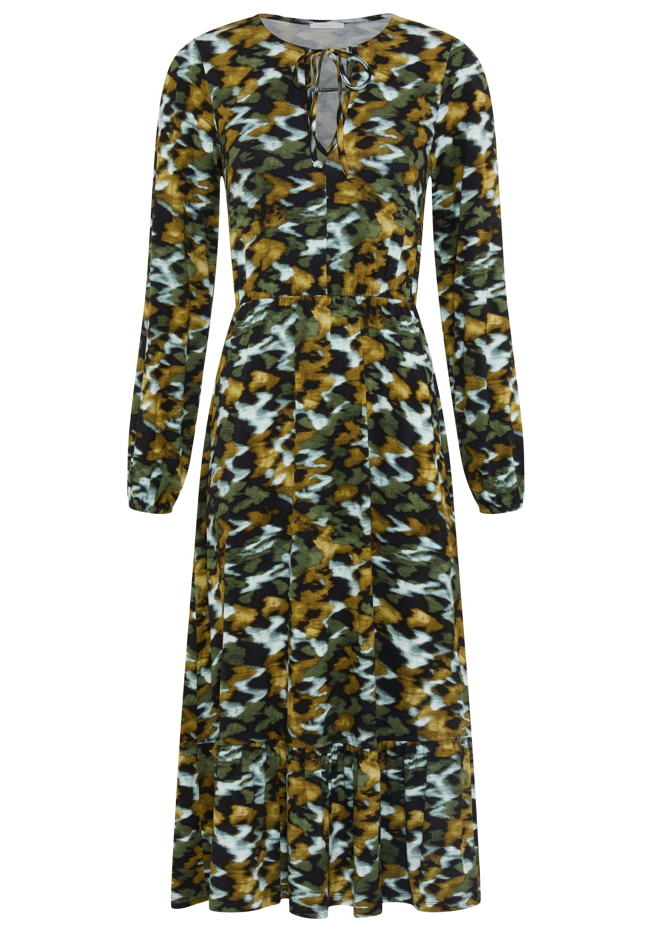 Tamaris Robe midi »aus Jersey, mit figurumspielender Passform, wadenlang« avec ceinture cintrée et motif tendance