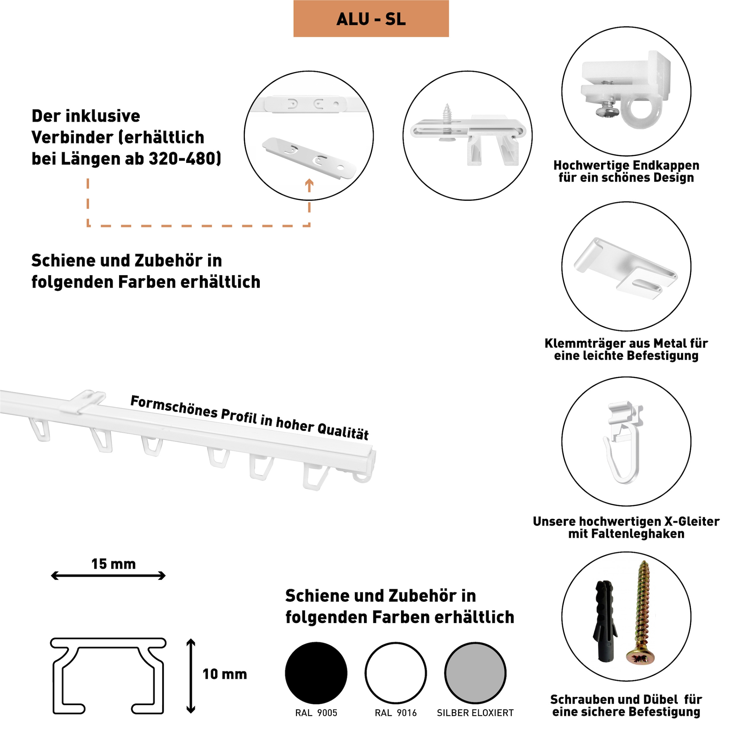 SN DECO GROUP Rail à rideaux »Objektschiene SL« 1 läufig-läufig Fixmass in versch. Längen und Farben, Aluminium, Innenlauf, Vorhangschiene