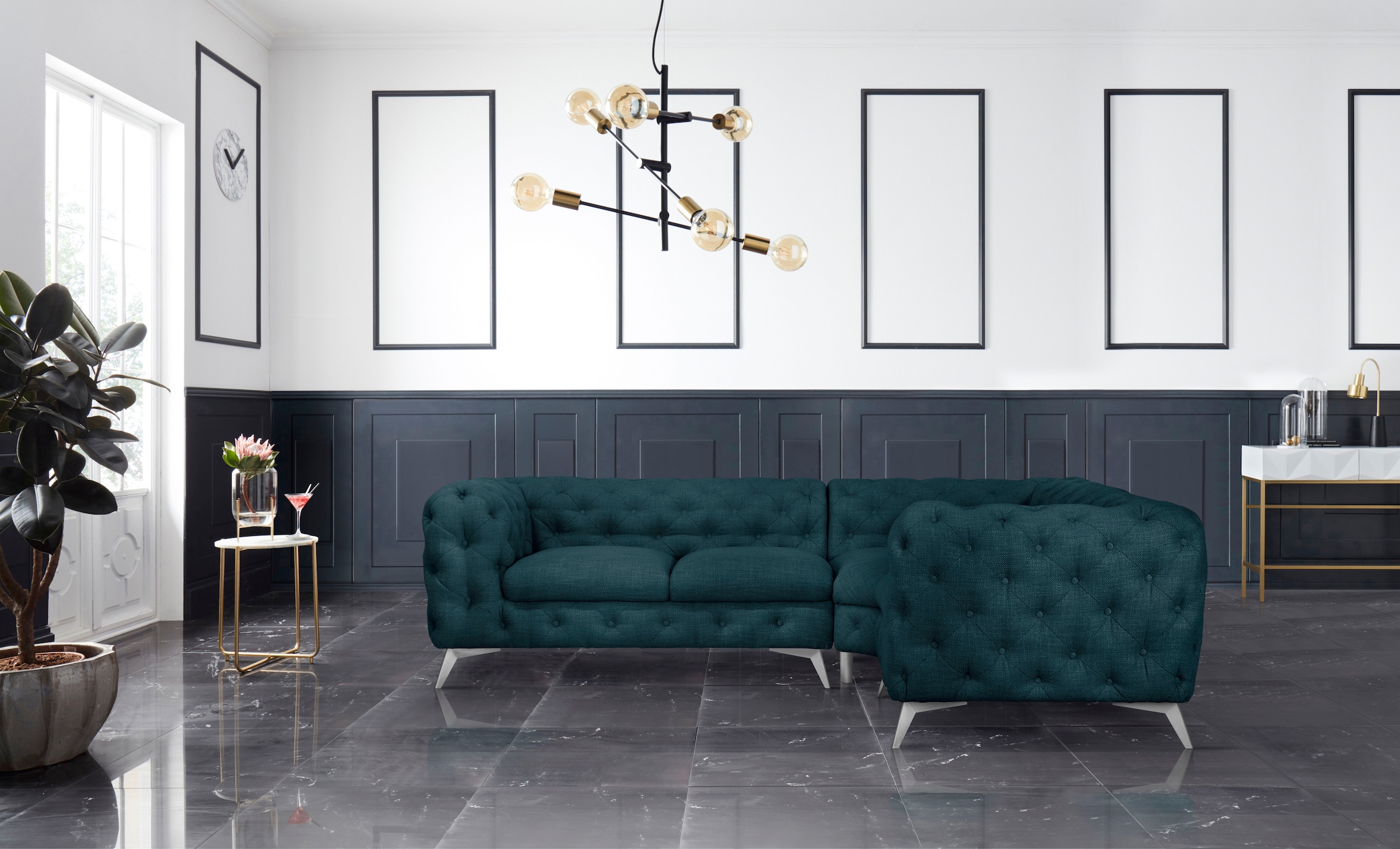 Home affaire Canapé Chesterfield »Ecksofa GLYNIS L-Form mit Wellenunterfederung, Masse B/T/H 264/204/75cm« aufwändige Knopfheftung, moderne Chesterfield Optik, Fussfarbe wählbar