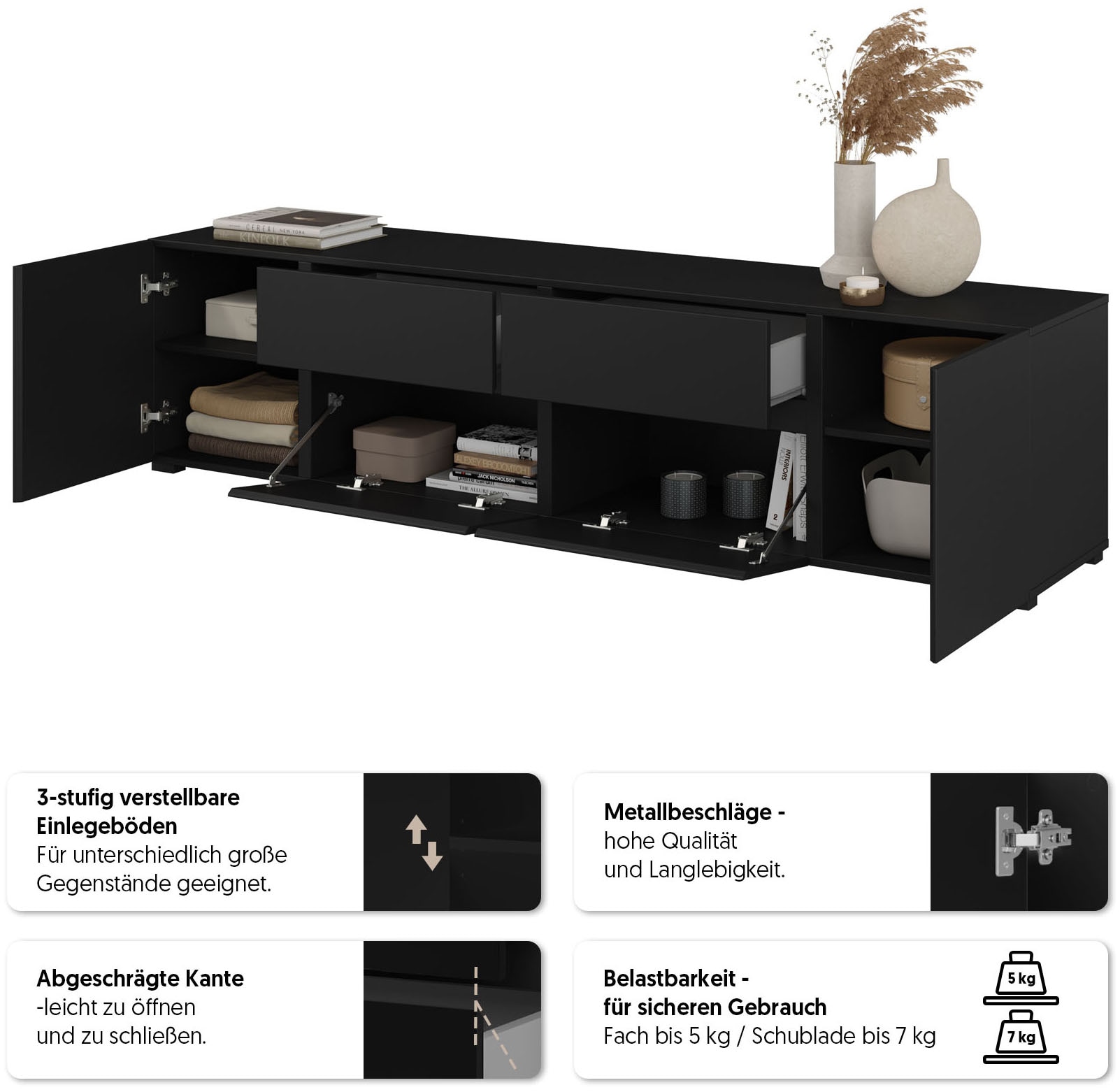 GOODproduct Table basse »Metric,Breite 195cm, grifflose Lowboard 2Klappen/2Schubkästen/2Tür« TV-Schrank mit viel Stauraum, TV-Board
