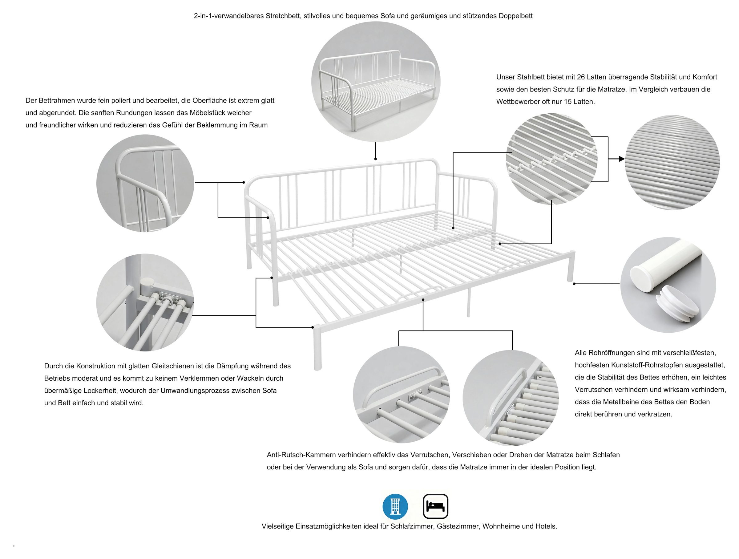GOODproduct Metallbett »Trento Bett Bettgestell Bestseller Doppelbett Ausziehbett« Bestseller Gästebett Sofabett Schlafzimmer,  Daybett mit Ausziefunktion im Landhausdesign weiss
