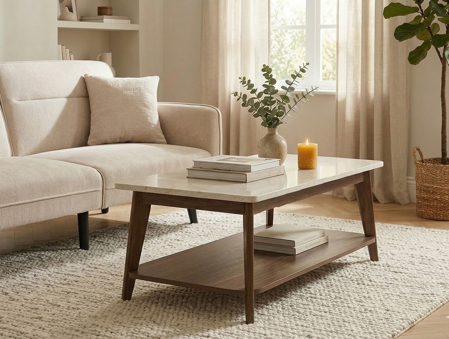 Jahnke Table basse »SIXTY COFFEE« table basse, 2 niveaux, style scandinave, aspect noyer et marbre, largeur : 110 cm