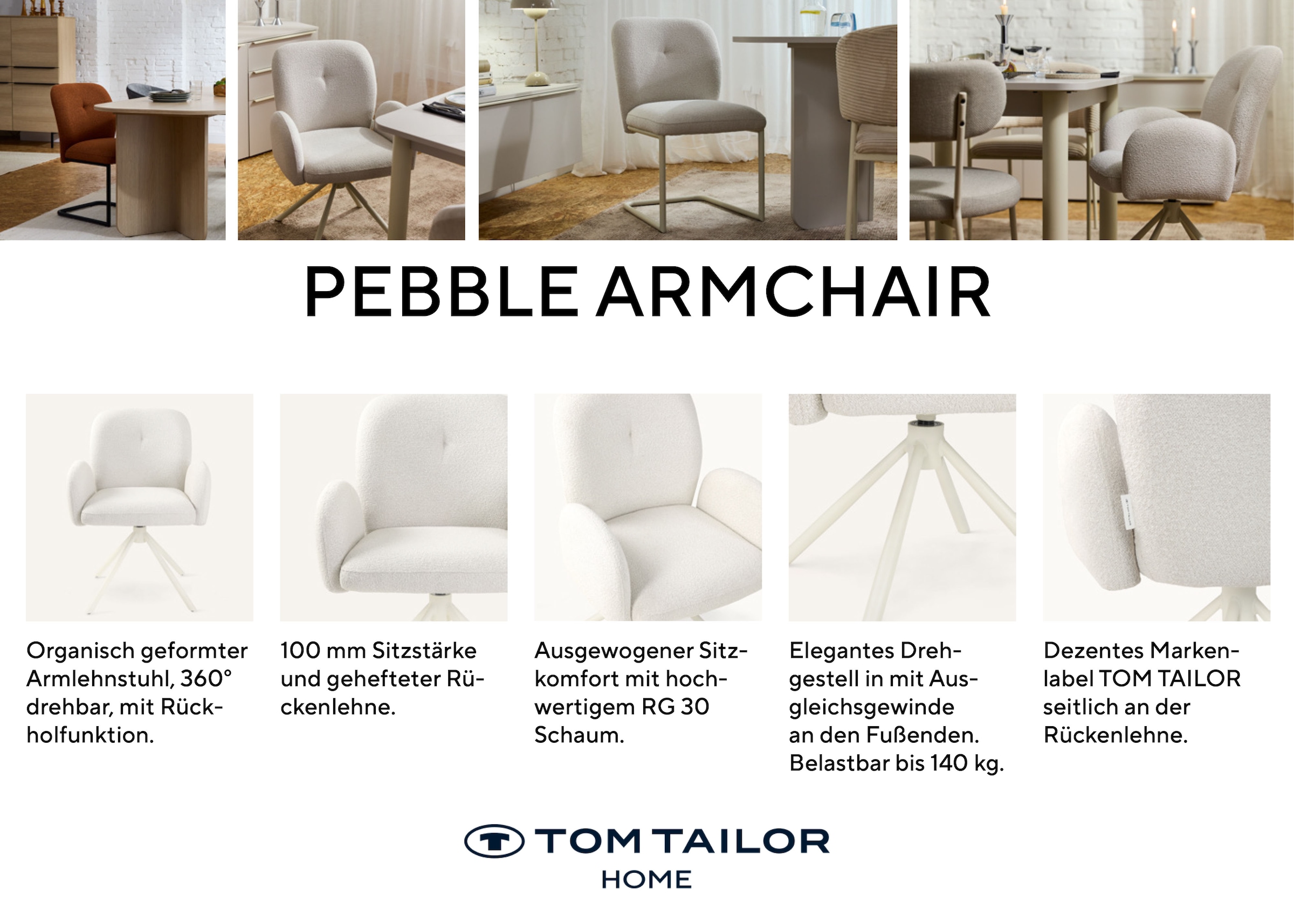 TOM TAILOR HOME Armlehnstuhl »PEBBLE ARMCHAIR« (Set) 2 Stk.Esszimmerstuhl, mit Armlehnen, 4-Fussgestell, 140 kg belastbar, drehbar