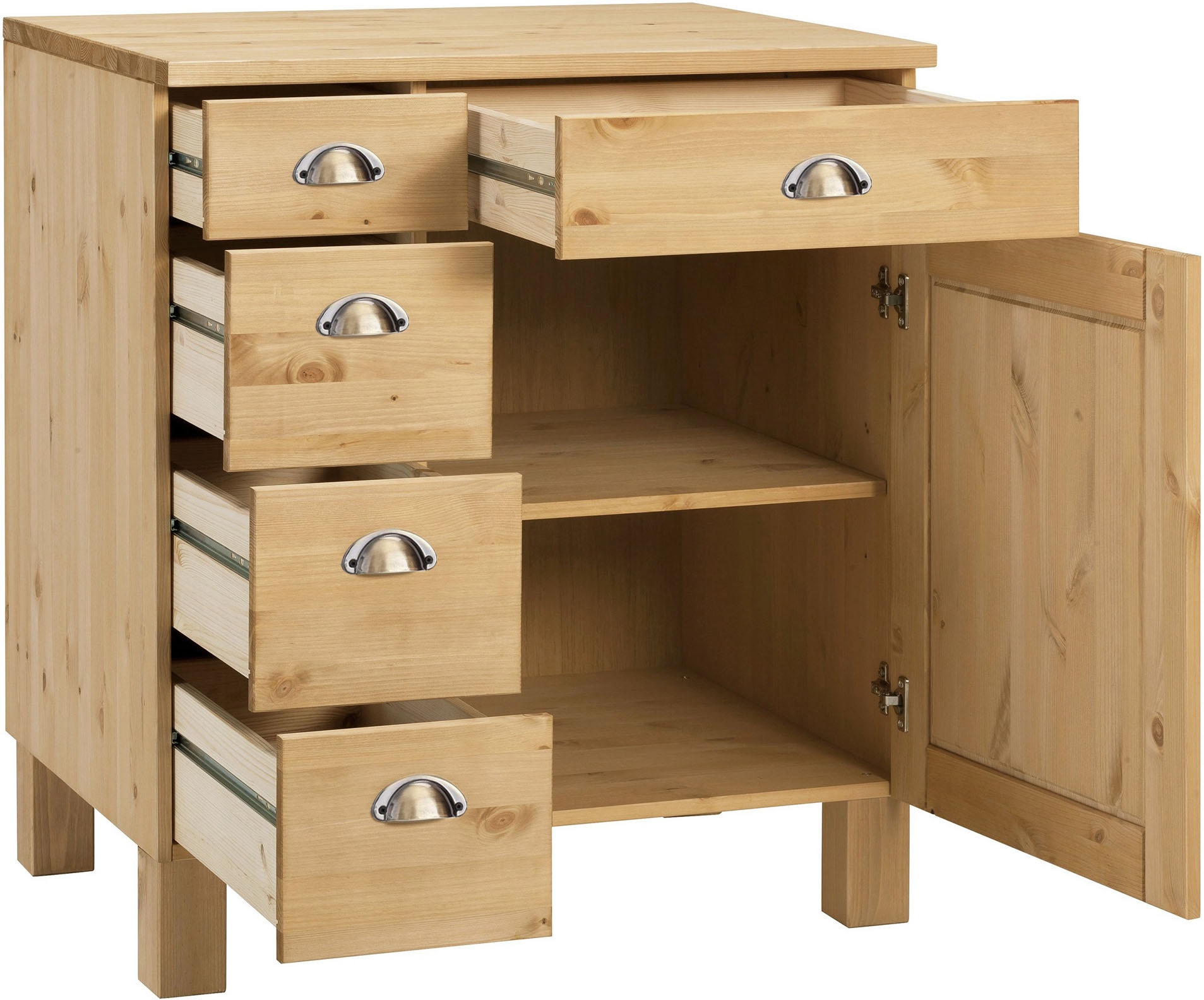 Home affaire Armoire basse »Oslo« 75 cm de large, 1 porte, 5 tiroirs, en pin, poignées métal