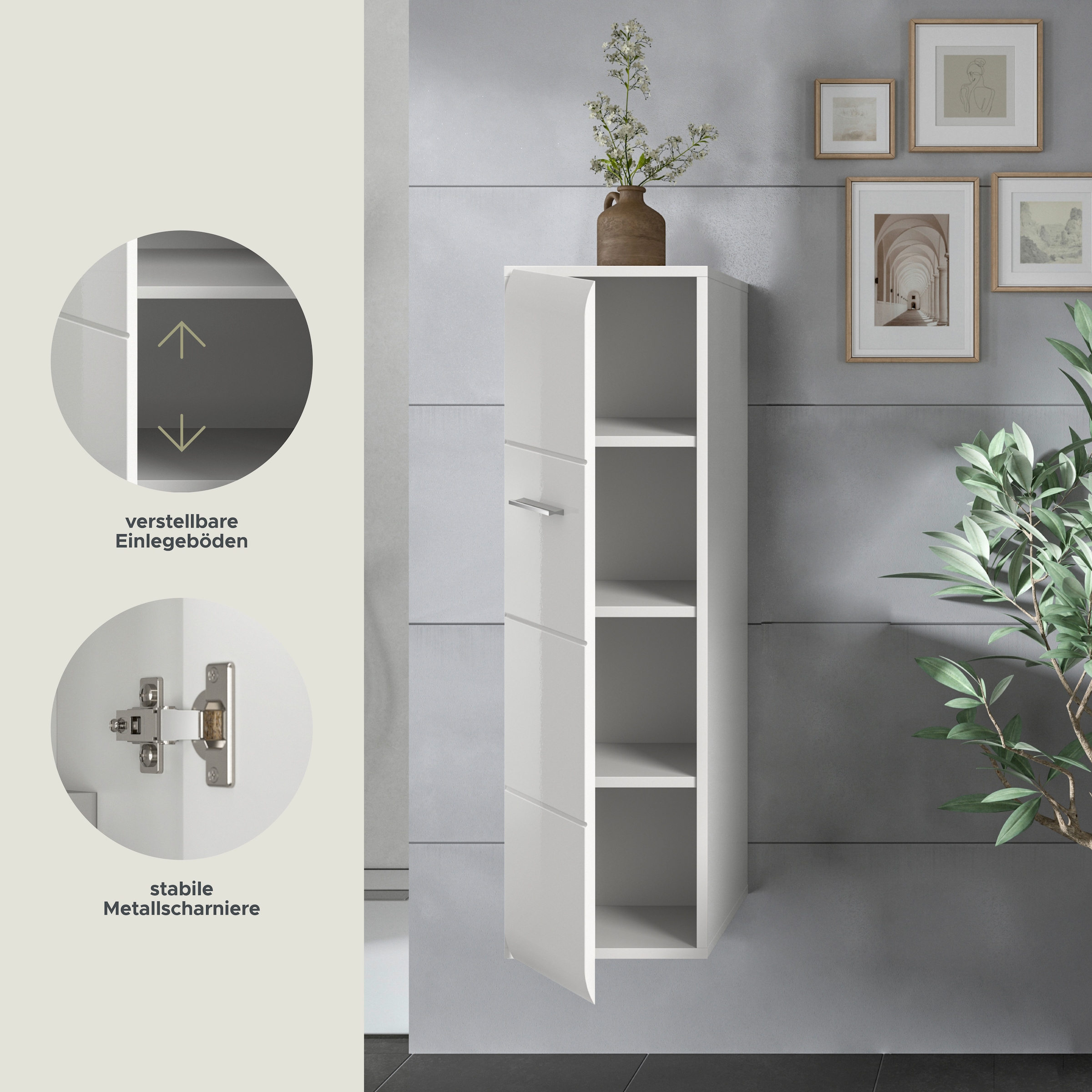 welltime Armoire de rangement 1 cuis tlg. Florenz, Stauraumschrank, Weiss Hochglanz, 30 cm breit, 4 Fächer