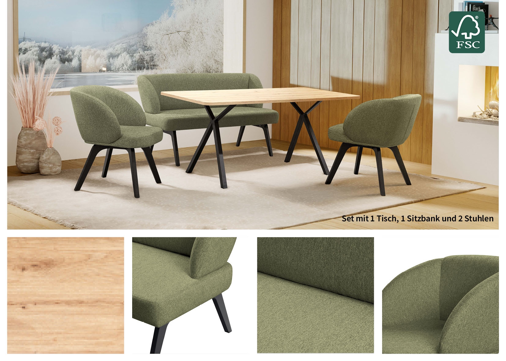 GOODproduct Essgruppe »Aretha Esstischbank, Sitzgruppe, Küchenbank, Polsterbank« Set, 4er, 4 Stk. tlg. Esszimmer Sitzgruppe, Tisch, Stühle und Bank gepolstert, Nosagfederung