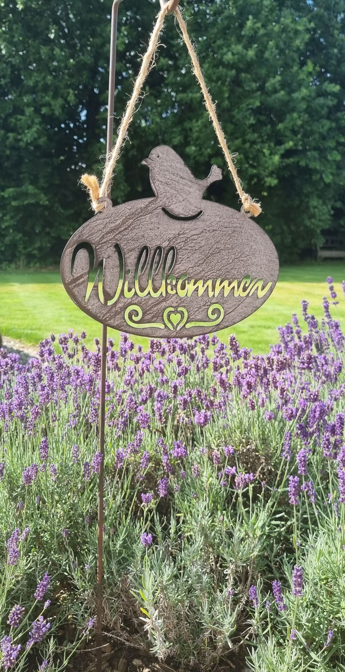 Ambiente Haus Fiches de jardin »Willkommen Schild mit Vogel (B) 20cm« à suspendre avec corde pour intérieur et extérieur