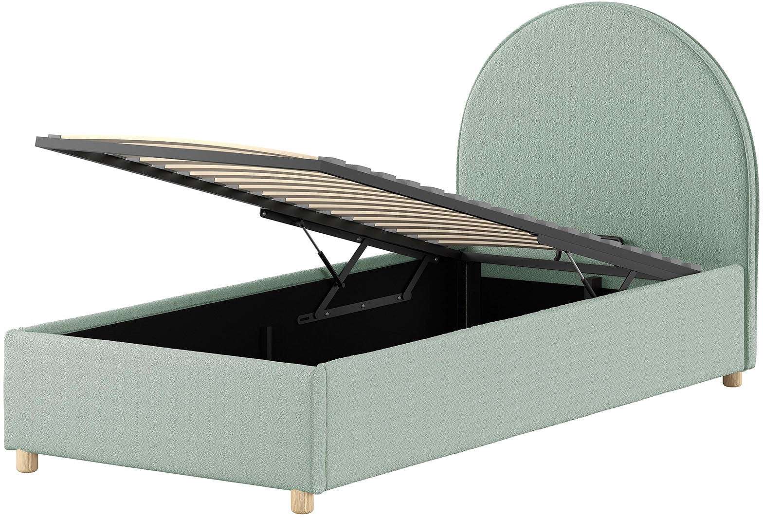 Vipack Lit de boxe »Moon, mit Lattenrost und Stauraum, modernes Design« Tête de lit arrondie, disponible en 2 largeurs,  incl. pieds en bois massif naturel, 3 couleurs de tissu au choix