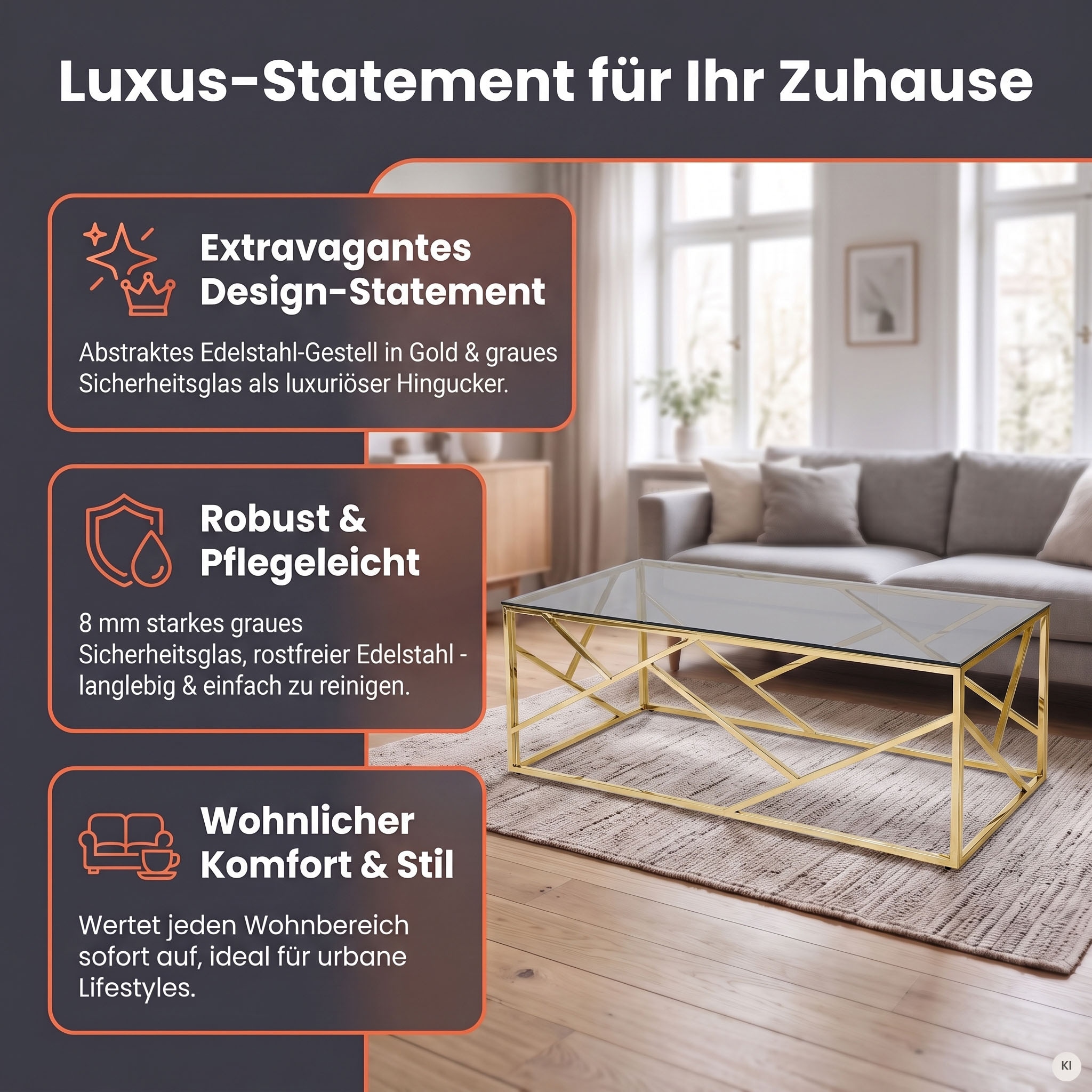 SalesFever Table basse »Glastisch mit stilvoller Eleganz« Structure en acier inoxydable - inoxydable et durable