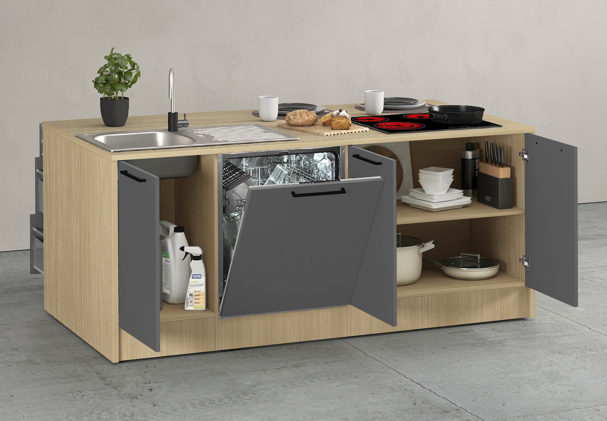 KOCHSTATION Ilot de cuisine »KS-Luna Breite 200 cm, Höhe 90 cm« Breite 200 cm, wahlweise mit Hanseatic-E-Geräten