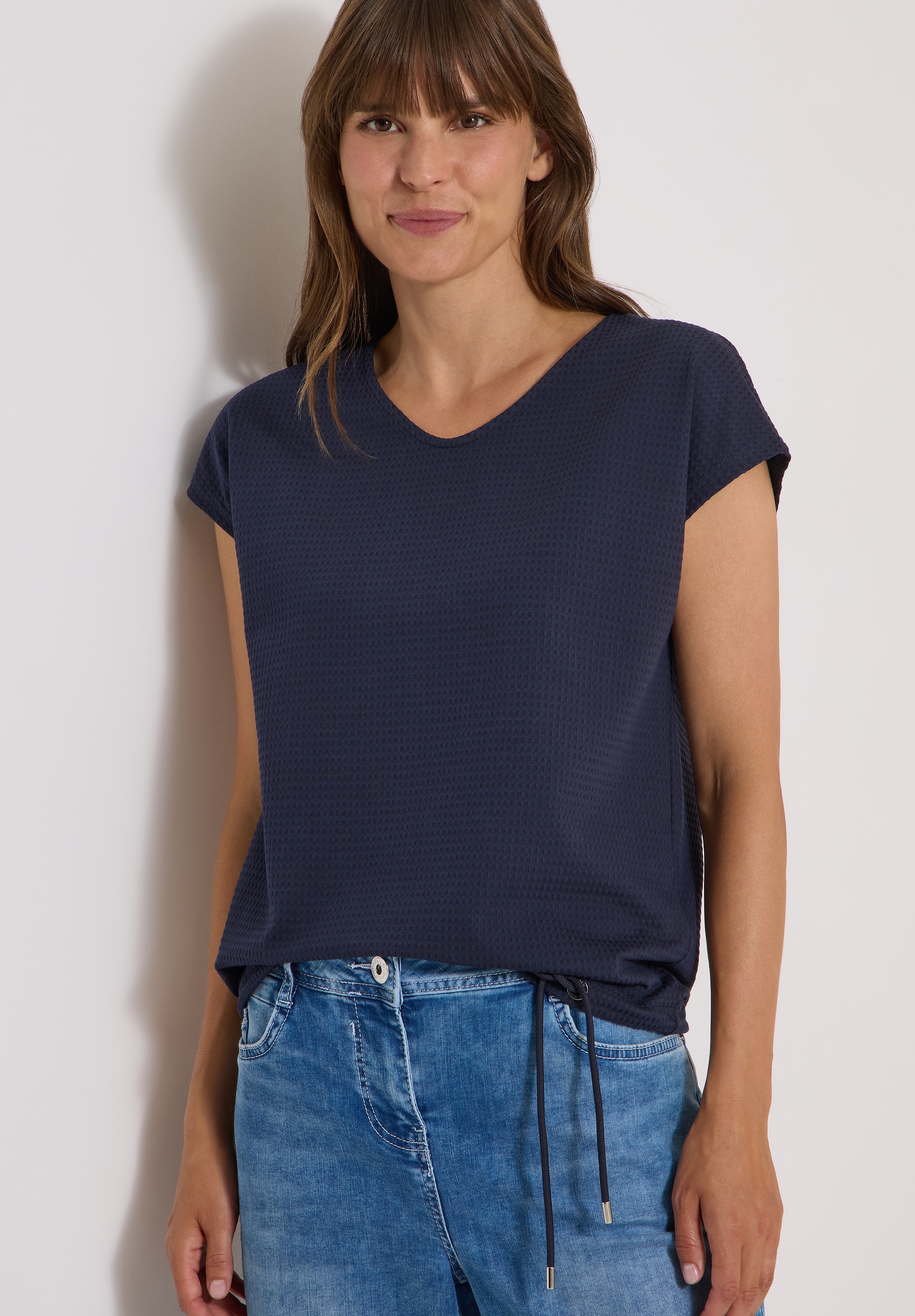 Cecil T-shirt T-shirt d'été à structure gaufrée, mélange de coton, cordon de serrage à l'ourlet