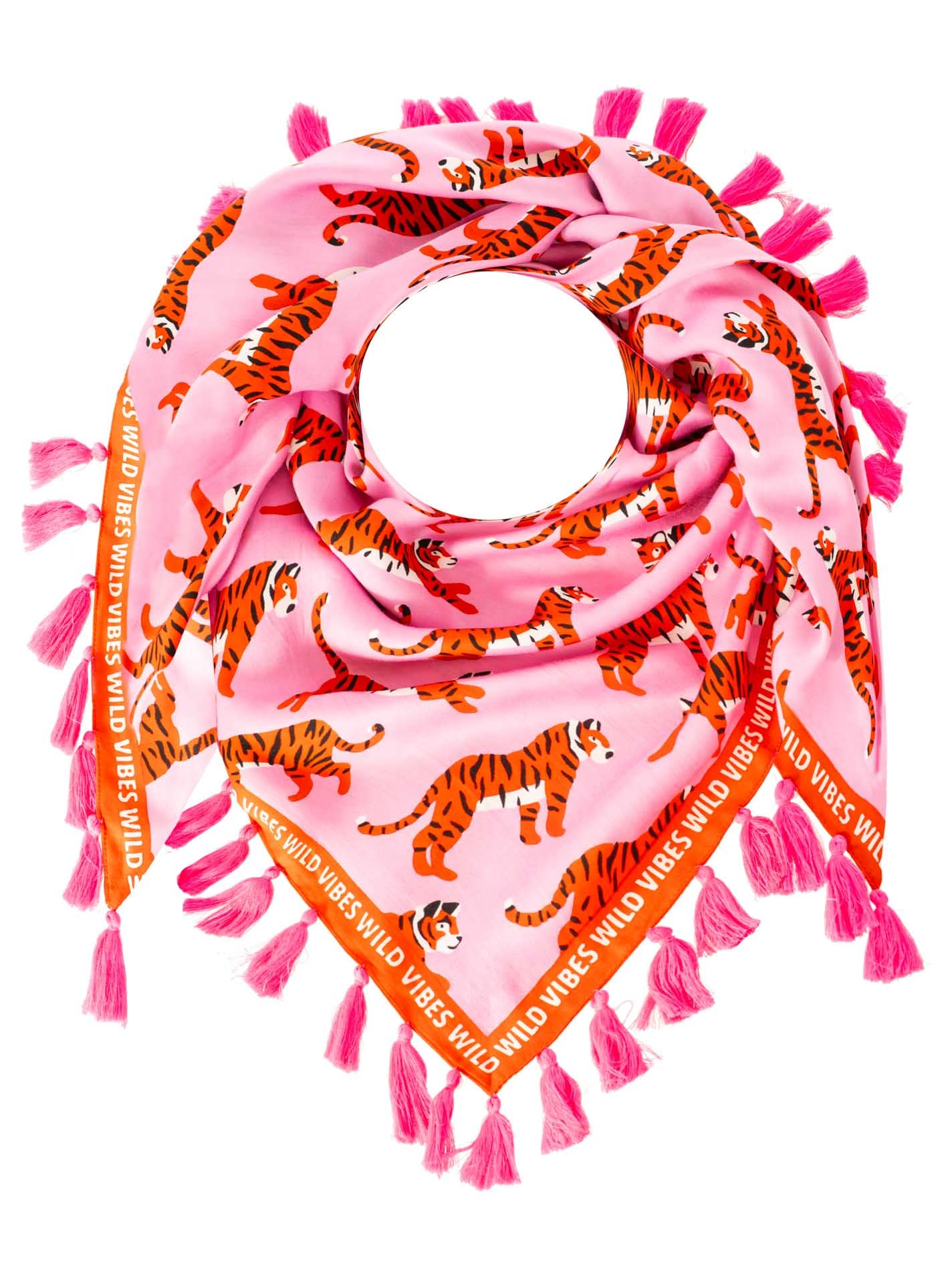 Zwillingsherz Foulard triangulaire »"Wild Vibes"« avec pompons, coloré, inscription wild vibes, surface brillante
