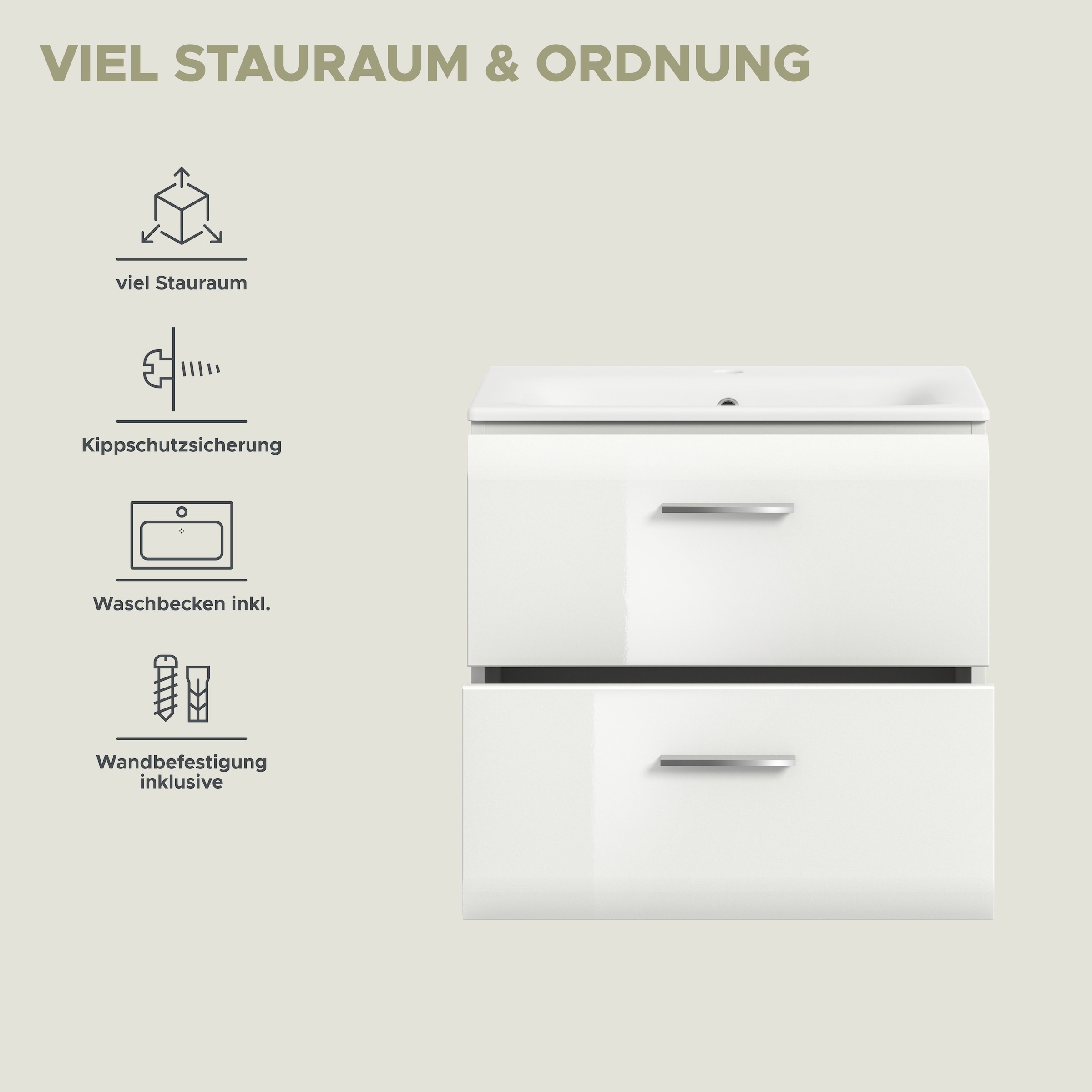 INOSIGN Waschbeckenunterschrank 2 Stk. tlg. Florenz, Waschtisch inkl. Waschbecken, Weiss Hochglanz Tiefzieh