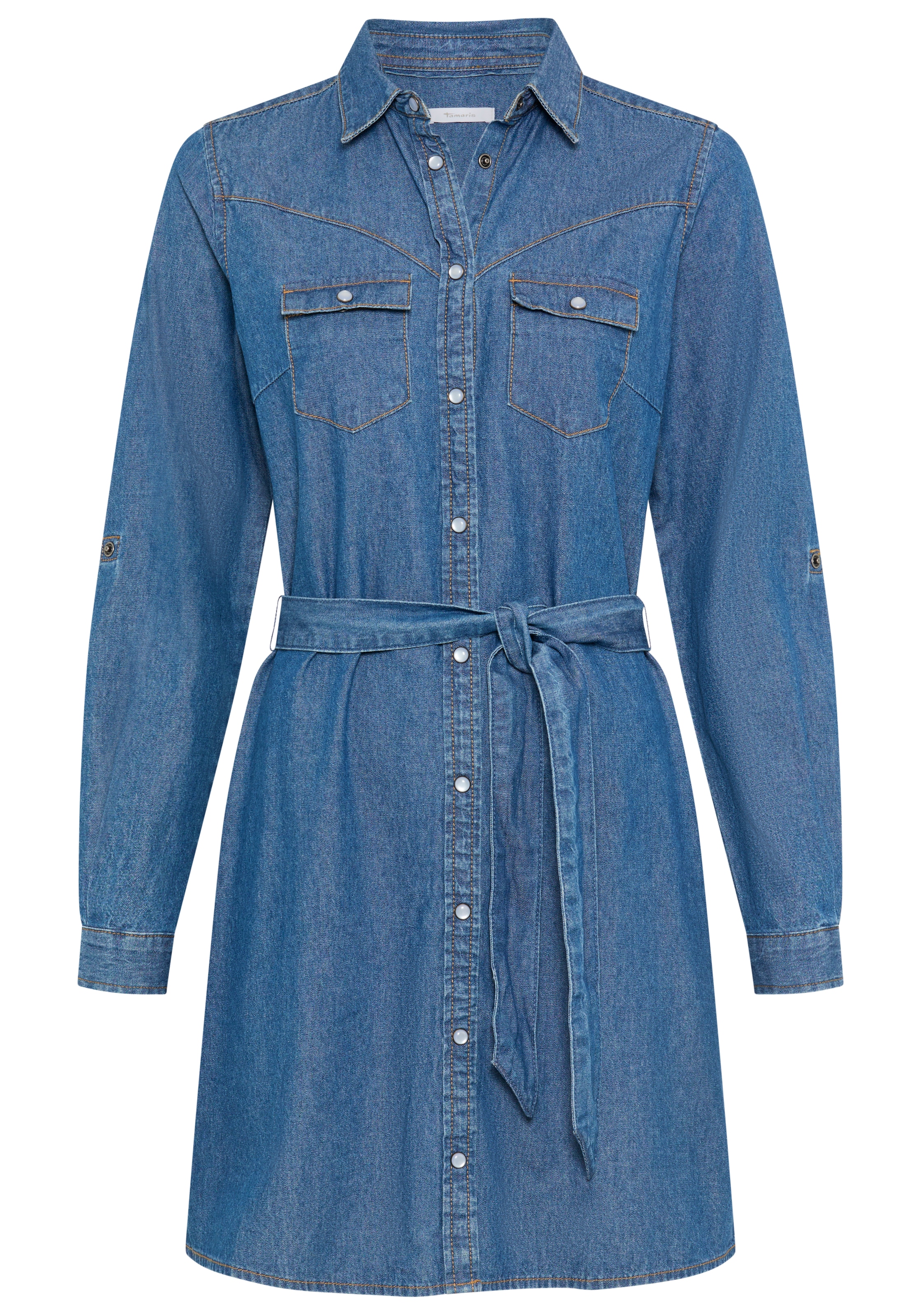 Tamaris Robe en jean »aus Baumwoll-Denim mit praktischen Taschen« Poches poitrine | Poches à rabat avec col chemise, coupe ajustée