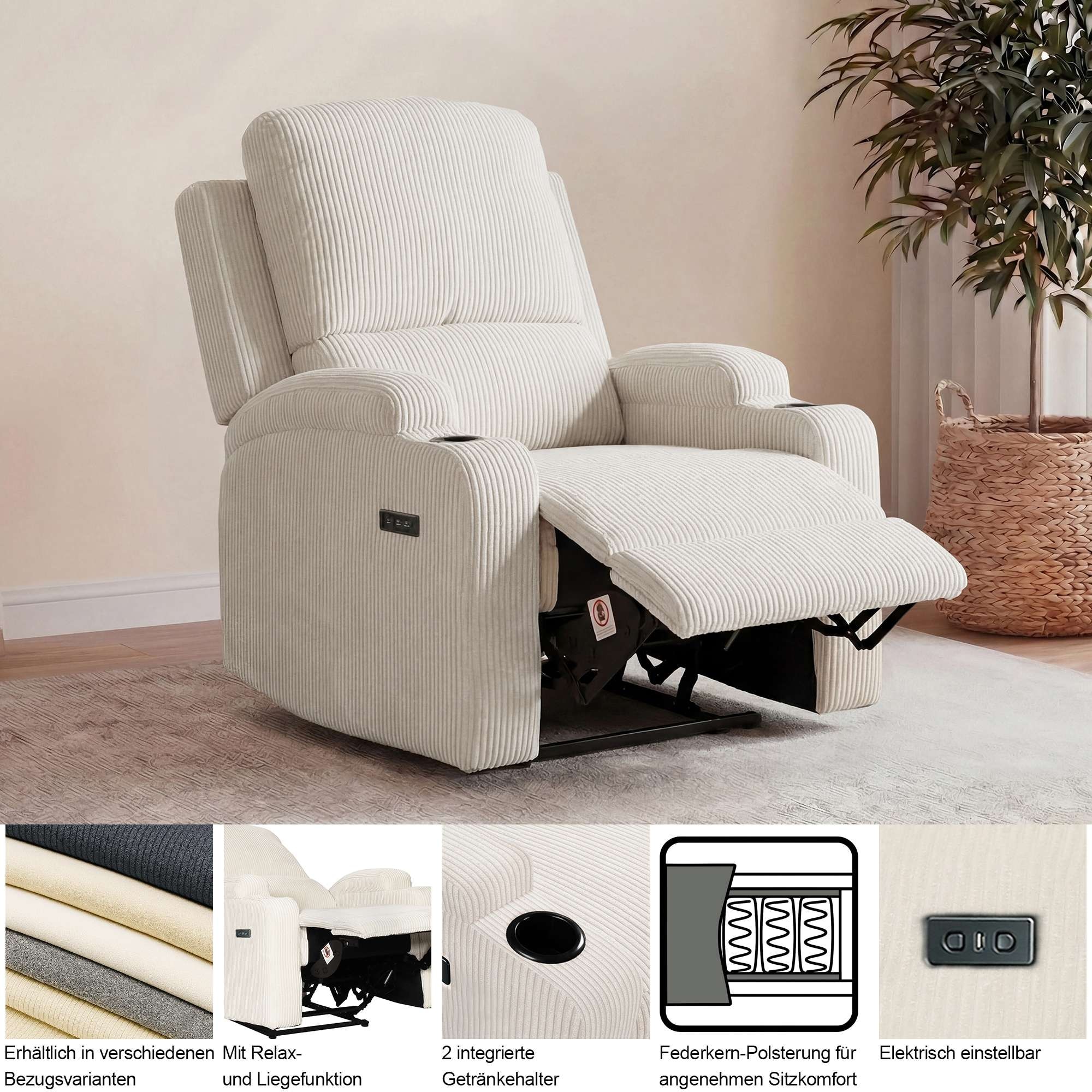 GOODproduct Fauteuil de relaxation »NAPORI Microfaser, Kinosessel, Multimedia-Sessel« Fauteuil TV avec fonction relaxation manuelle et électrique et porte-boisson