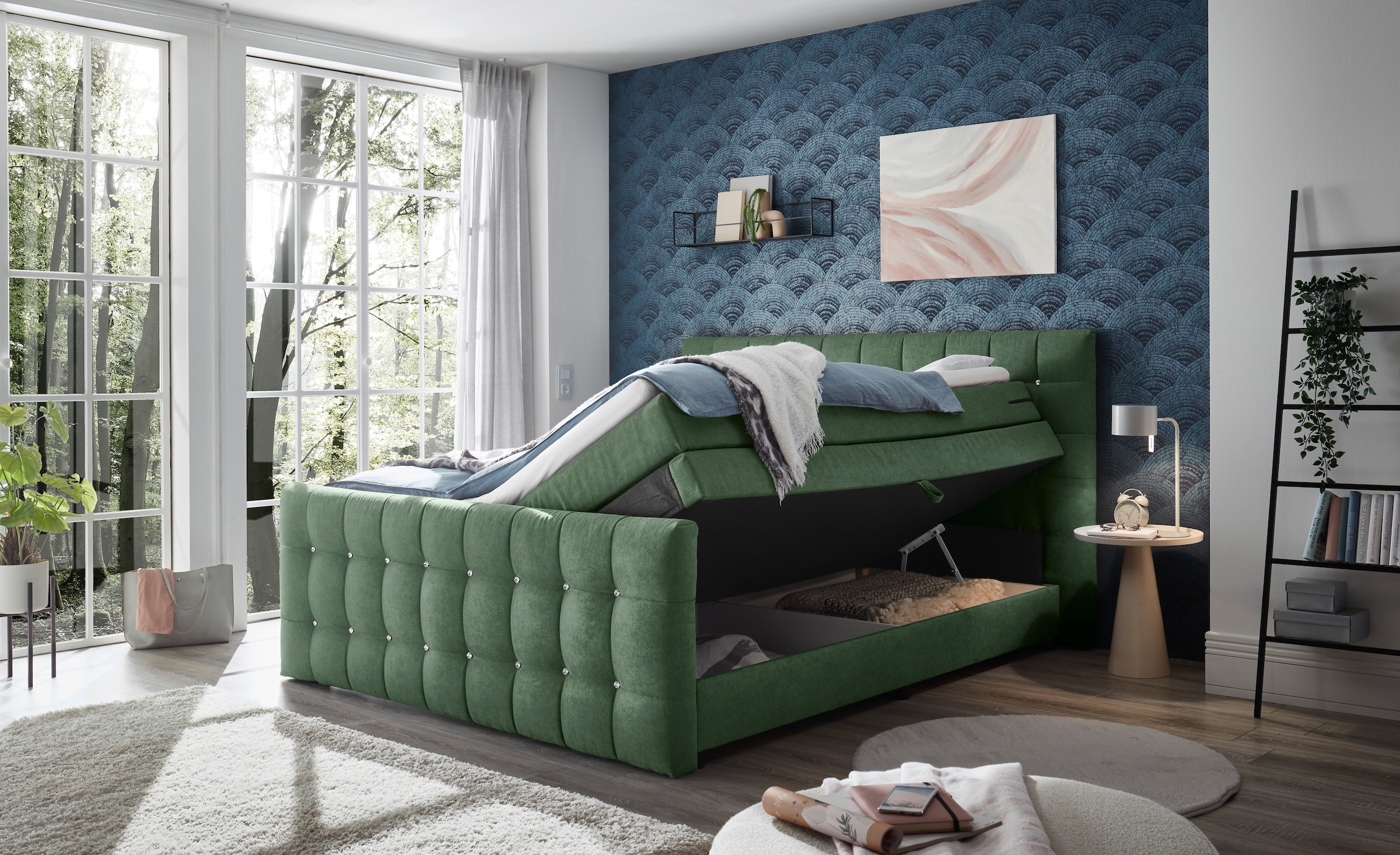 ED EXCITING DESIGN Lit boxspring »Loberie« mit Strasssteinen im Kopf- und Fussteil, inkl. Bettkasten