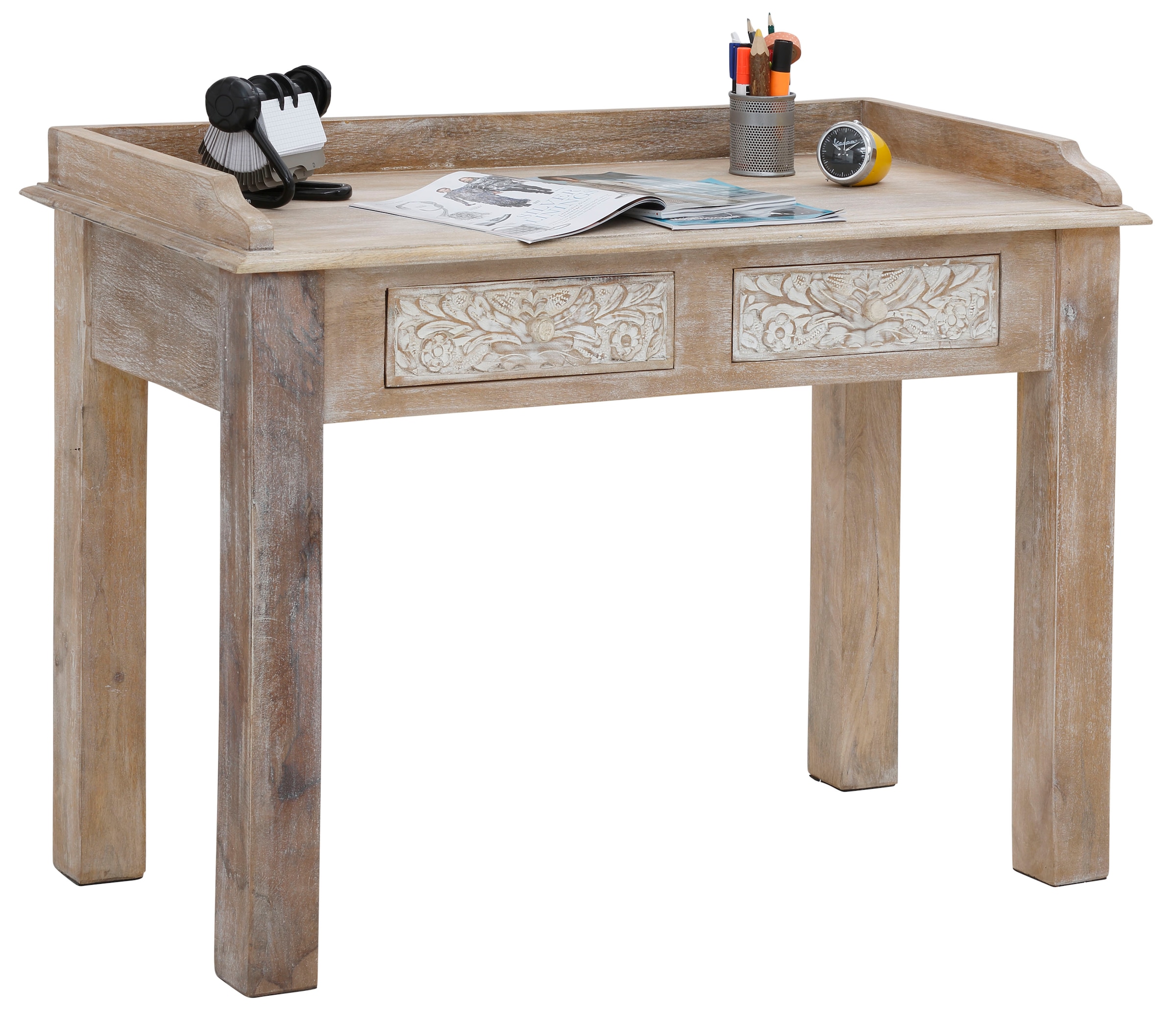 Home affaire Schreibtisch »Lavin« Mangoholz, mit dekorativen Schnitzereien, Handgefertigt, Breite 111 cm
