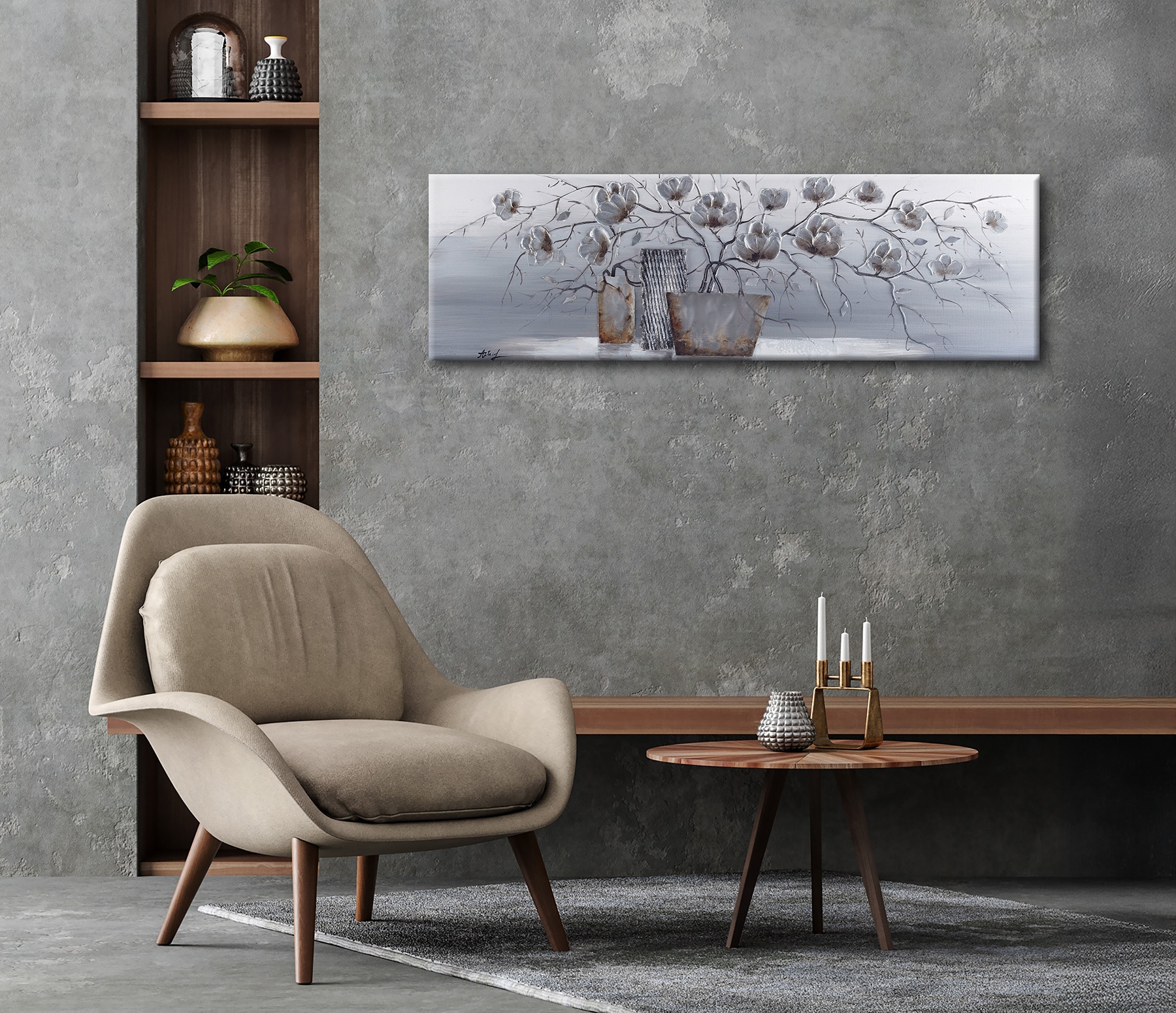 Bönninghoff Tableau à l'huile »Ölgemälde handarbeit BLUMENVASE 40x120 cm – Wandbild Kunst Deko modern« Fleurs | Images de fleurs | Vases et pots 1 cuis tlg. fabriqué à la main, chaque image est unique