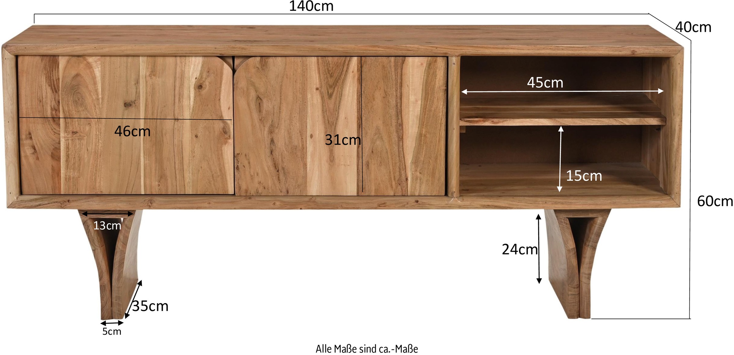 SIT Lowboard »Rabat aus Akazie mit Holzwangen-Gestell & Stauraum« 1 Stk. tlg. TV-Board aus Akazie mit 2 Türen und offenen Ablagen
