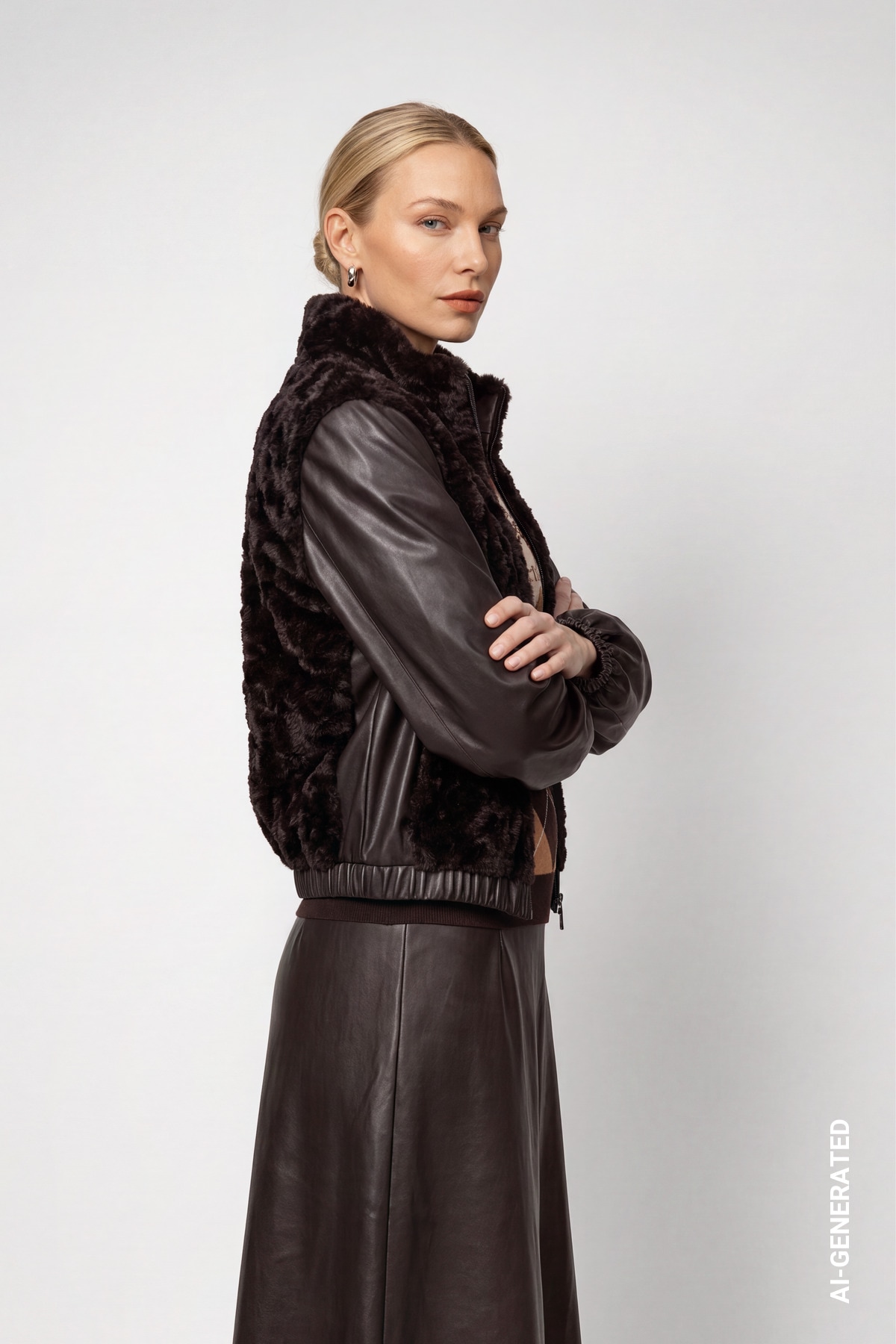 Monari Veste en fausse fourrure »Jacke fake fur + Lederimit« sans capuche coupe régulière avec col montant