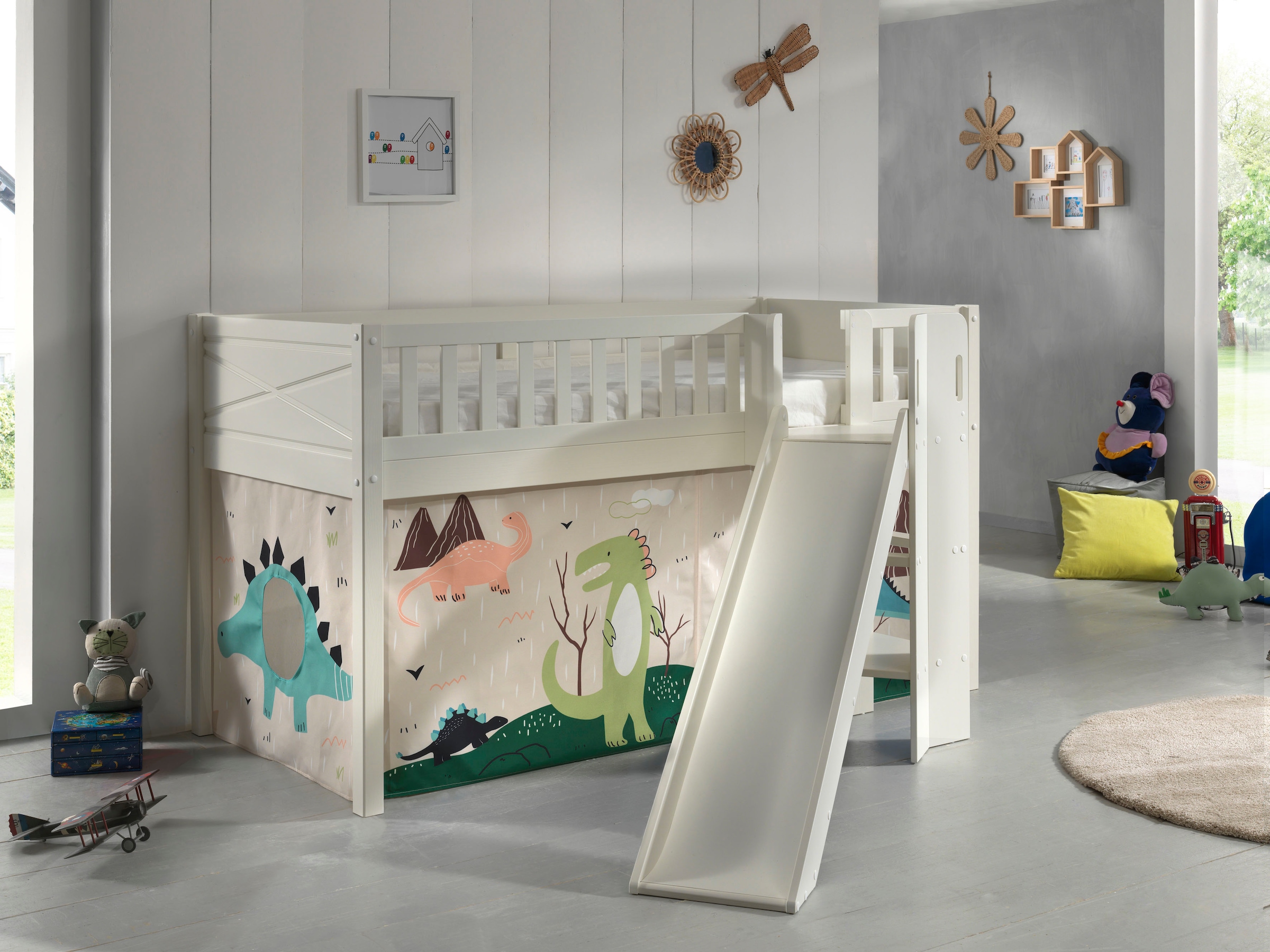 Vipack Hochbett »Scott« B/H/T ca. 207,6x114x203,7cm, Kopf-/Fussteil mit Fräsung, stabil gebaut,  mit Rutsch-/Leiterturm, LF 90x200 cm, inkl. Vorhang, 7 Designs