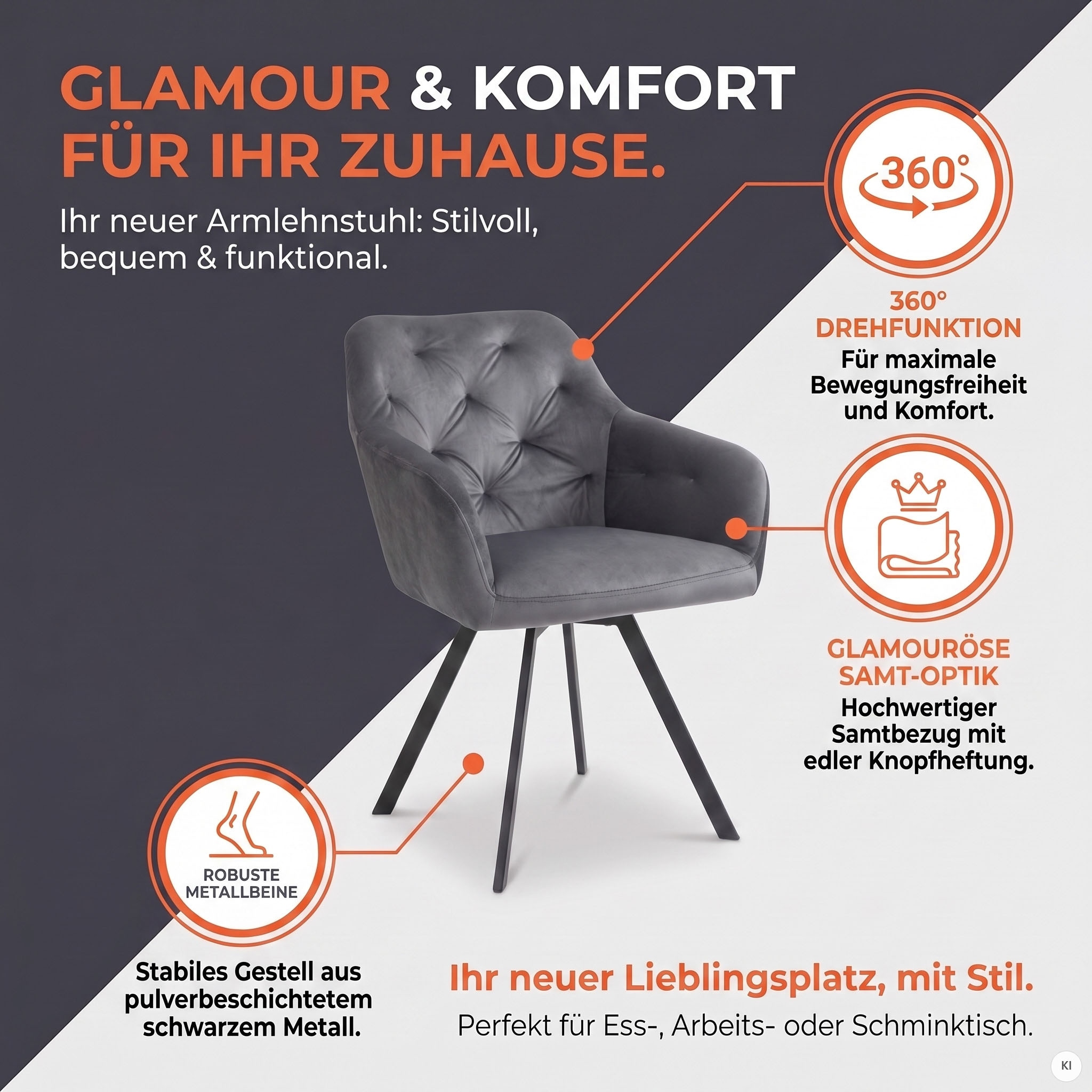 SalesFever Esszimmerstuhl »Toronto Stuhl - Stilvoller Armlehnstuhl mit Steppungen« () 1 Stk.Esszimmersessel, 360° Drehplatte unter der Sitzfläche