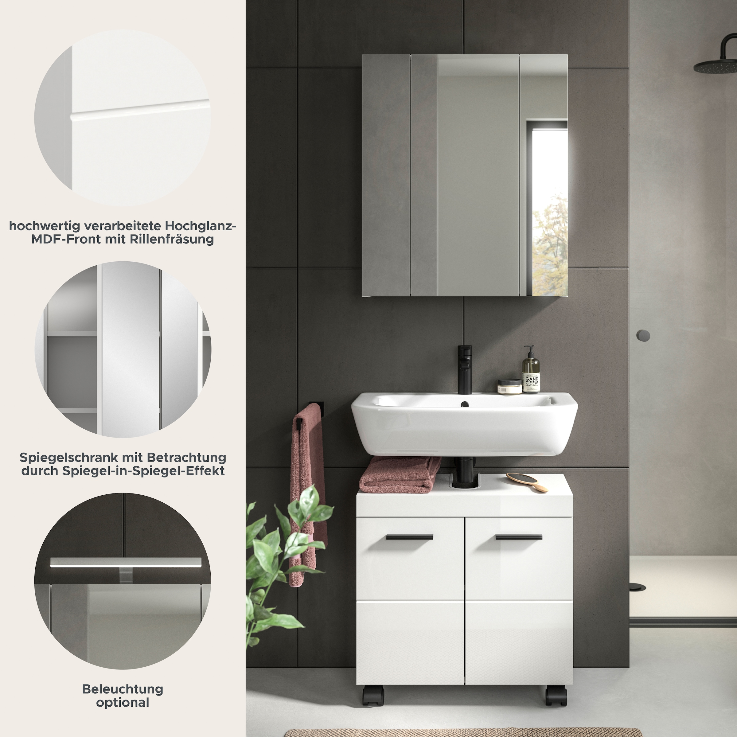 welltime Ensemble de meubles de salle de bain »AVON, Breite 60 cm, 2-teilige moderne Badkombination, auf Rollen« bestehend aus: Waschbeckenunterschrank & Spiegelschrank, 2 cuis tlg.