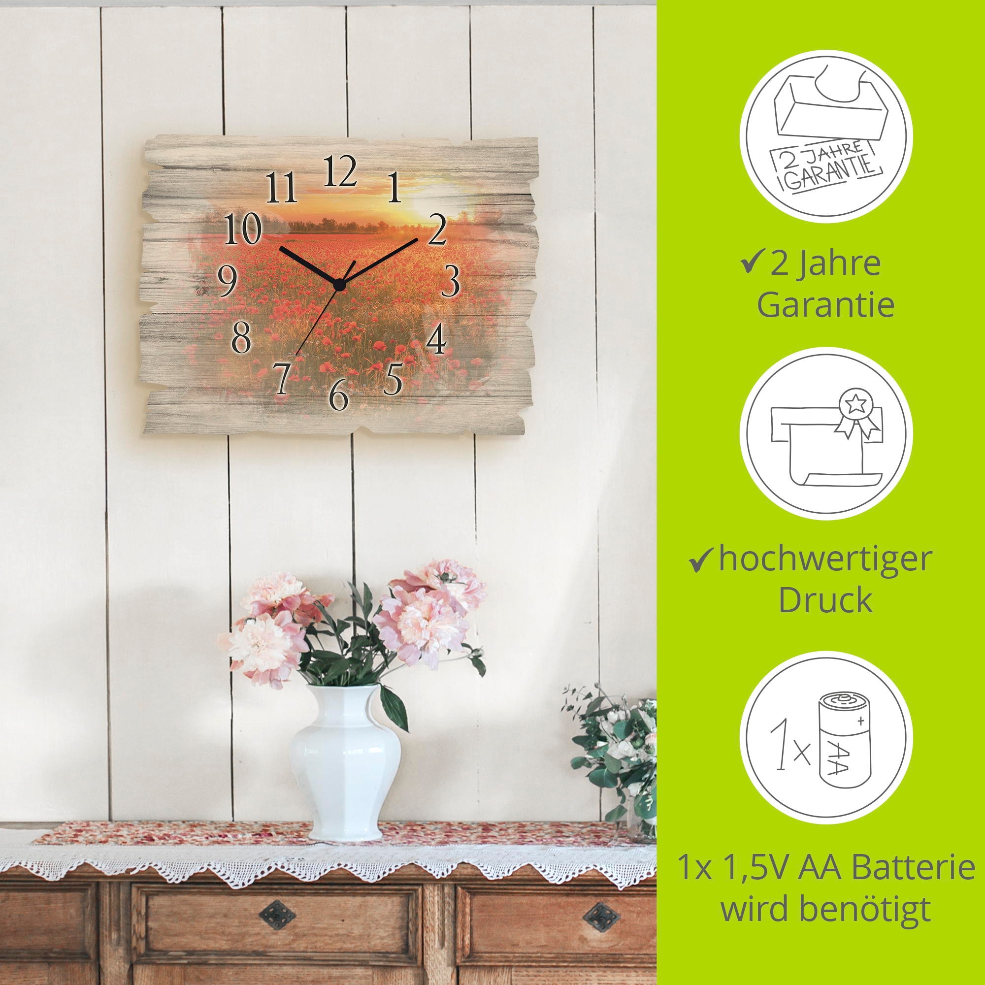 Artland Wanduhr »Mohnblumenfeld bei Sonnenuntergang« wahlweise mit Quarz- oder Funkuhrwerk, lautlos ohne Tickgeräusche