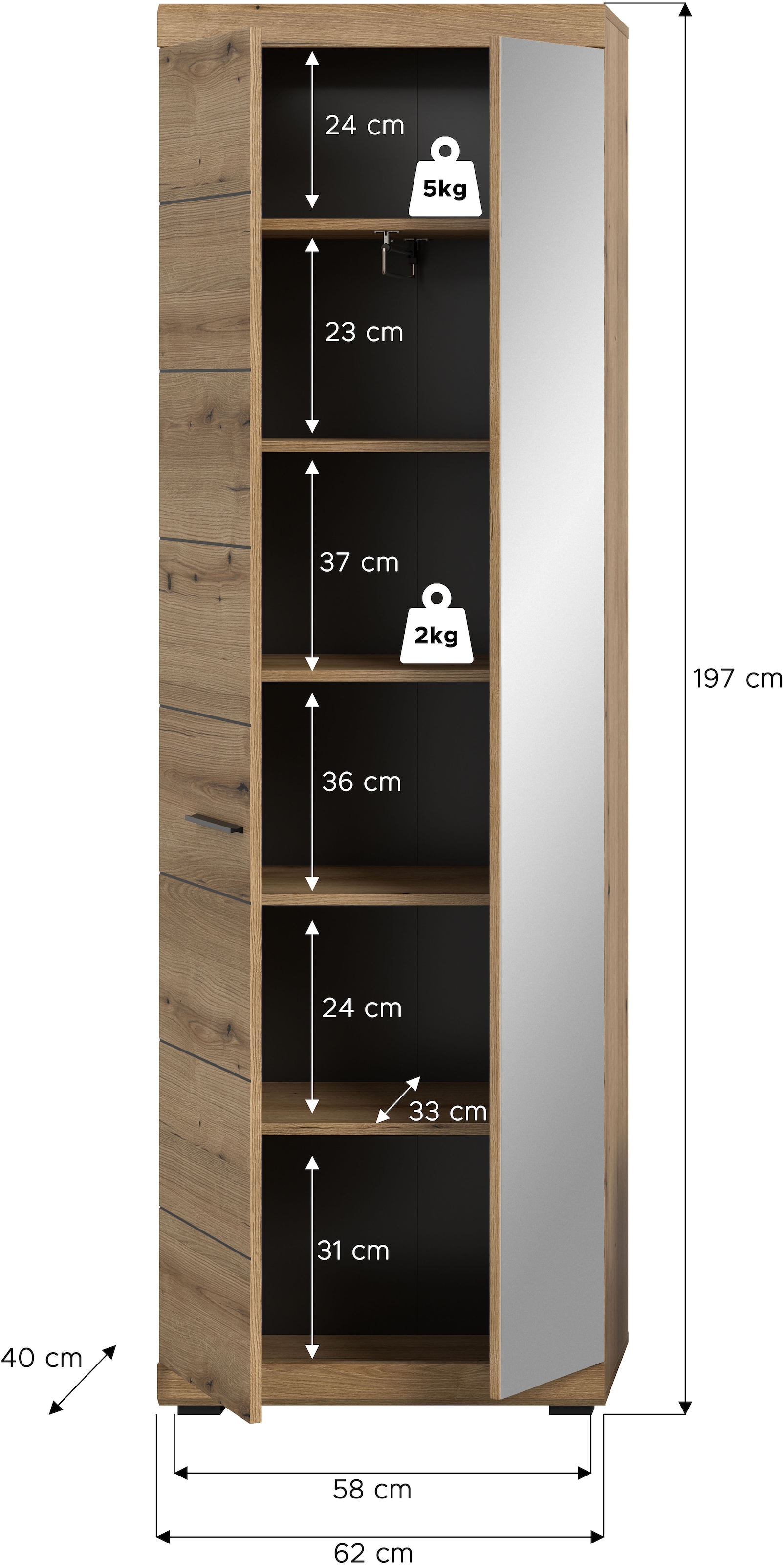 INOSIGN Garderobenschrank »SIENA, Höhe 197cm, 2 Türen,  4 Einlegeböden, ausziehbare Kleiderstange« hochwertige Rillenfräsung in MDF Front, 1 Stk. tlg. Stauraumschrank, Flurschrank, Dielenschrank