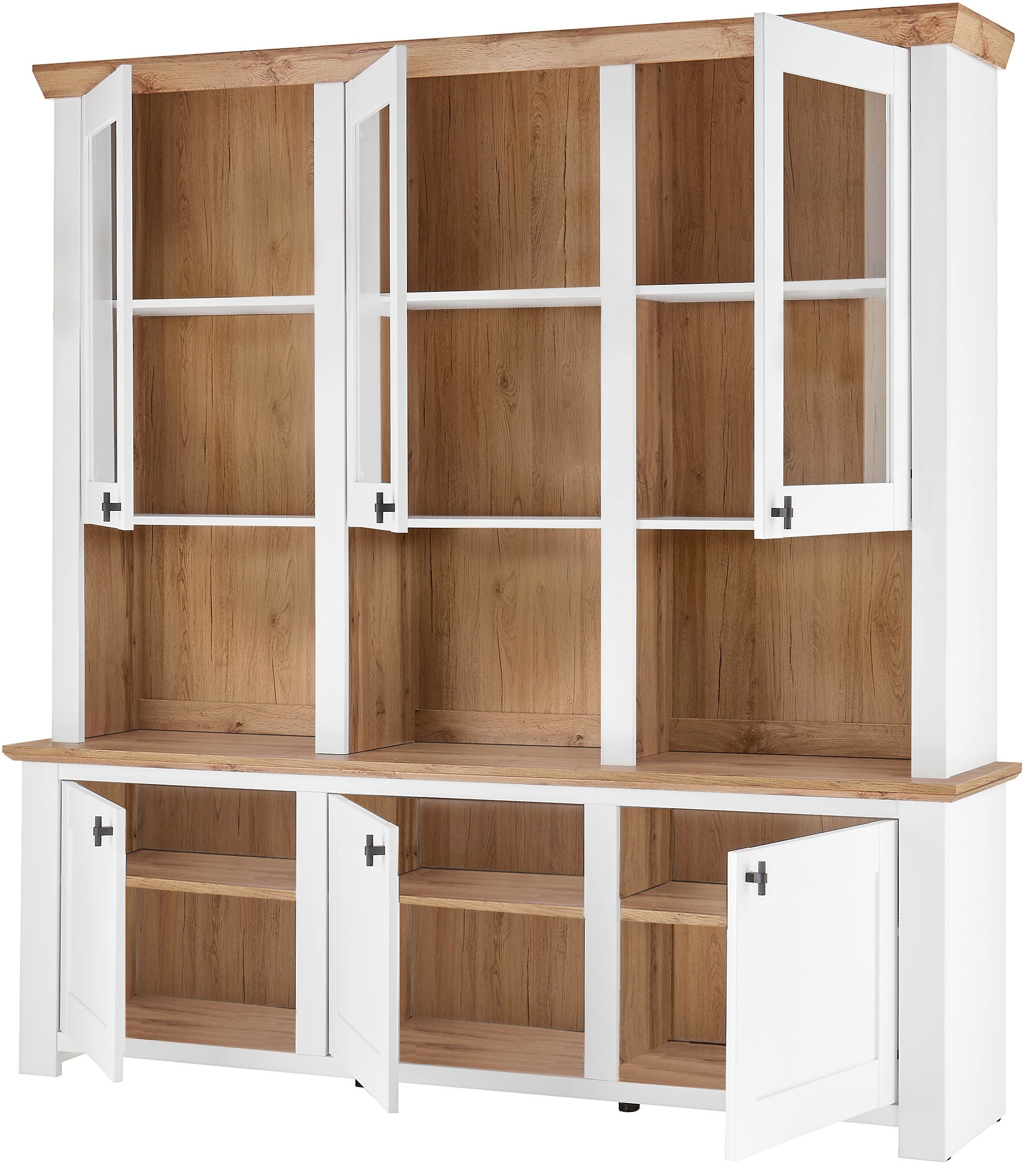 Home affaire Buffet »Bristol, Bücherschrank im Landhausstil, moderner Hochschrank« schwarze Metallgriffe, elegante Kranzoptik, ausreichend Stauraum