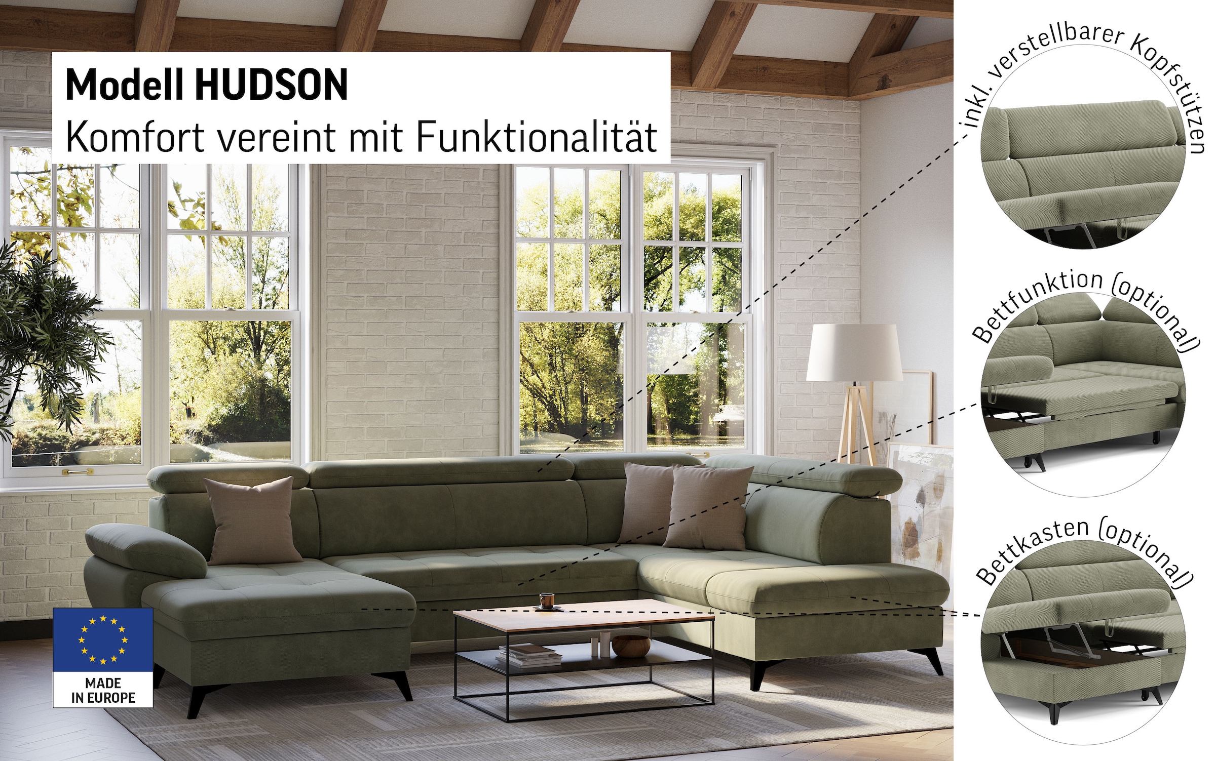 COTTA Wohnlandschaft »Hudson U-Form, B: 324 cm« mit Kopfteilverstellung, optional Bettfunktion & Bettkasten