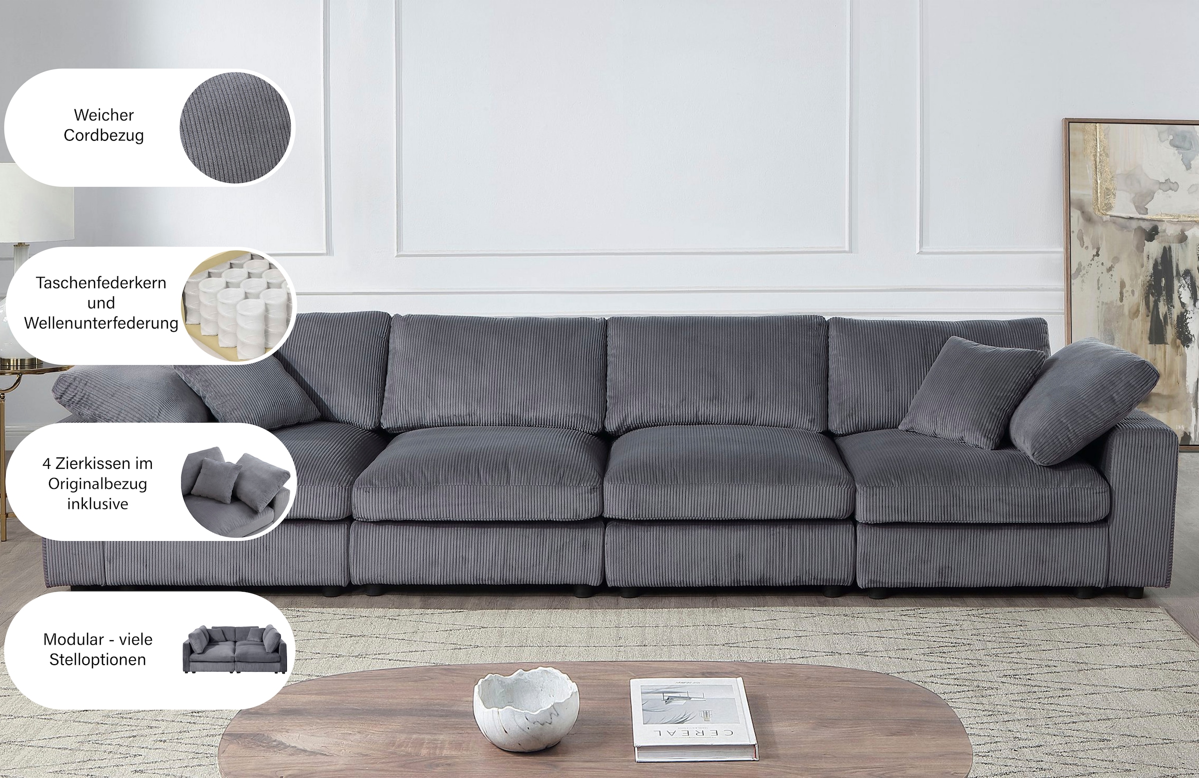 GOODproduct 4-Sitzer »Bennid, XXL-Modulsofa mit vielen individuellen Stellmöglichkeiten« inklusive 2 grossen & 2 kleinen Zierkissen im flauschigen Cord