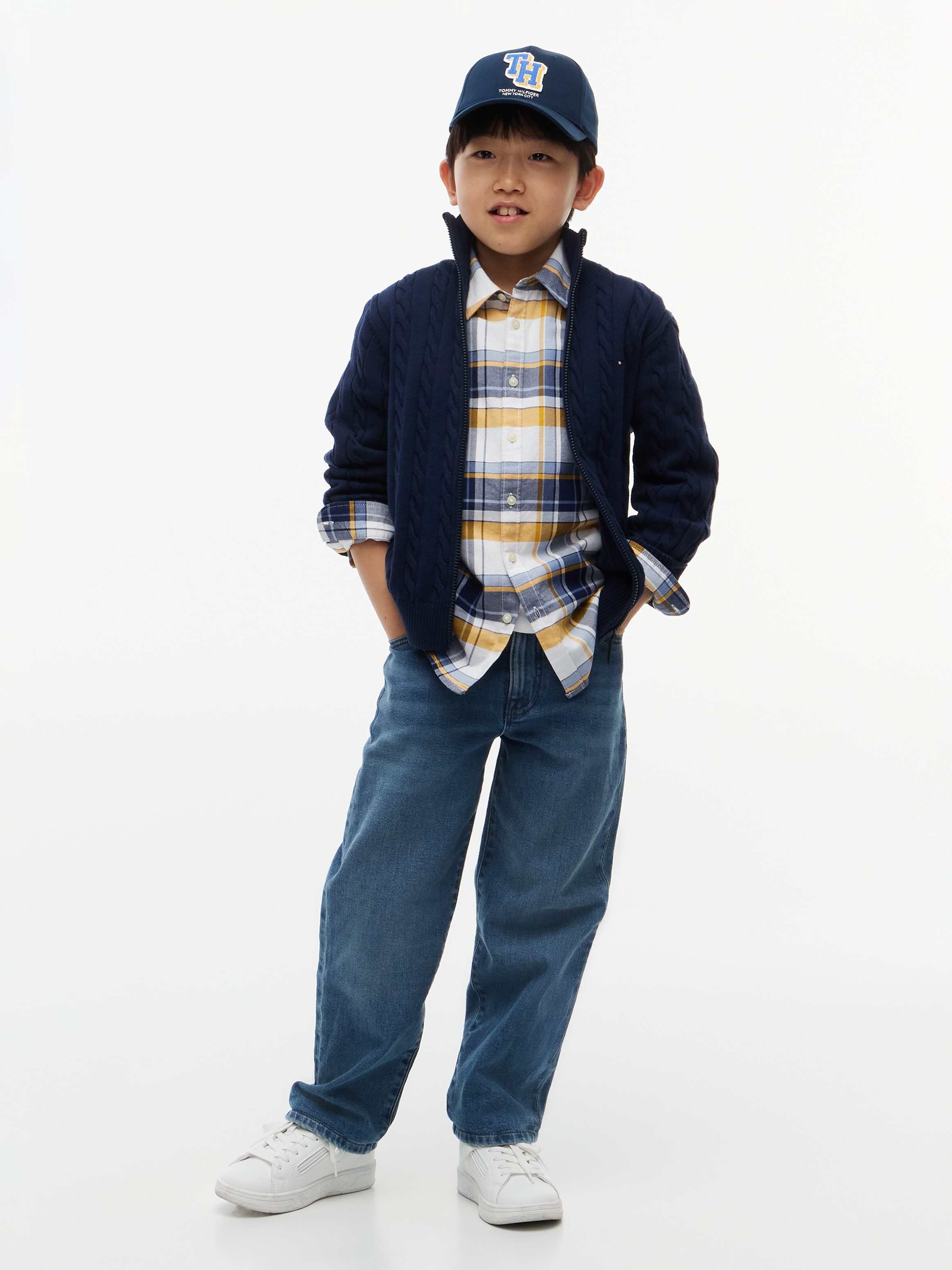Tommy Hilfiger Veste en tricot Motif torsadé, col montant, coton pur, enfants jusqu'à 16 ans