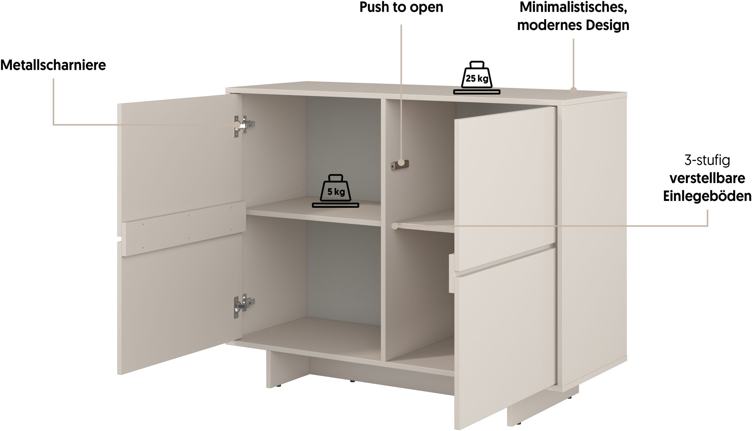 GOODproduct Buffet »Tatami, Stilvolle, moderne grifflose Kommode 2 Türen, Breite 111cm« Anrichte mit viel Stauraum, Böden verstellbar, push-to-open-Funktion