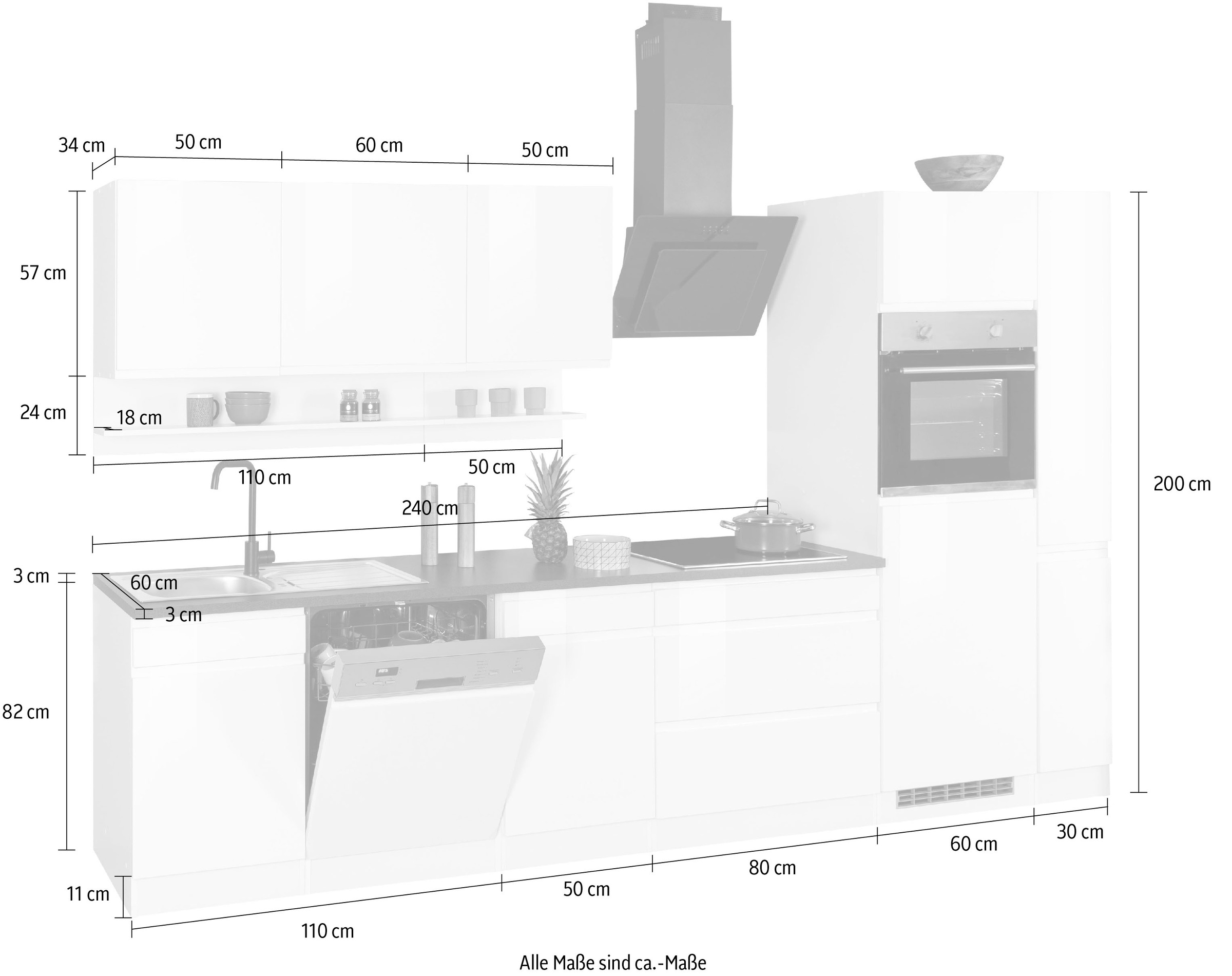KOCHSTATION Kitchenette »KS-Virginia,neu in verbesserter Ausführung« plan de travail épaisseur 38 mm, rangement, fermeture douce,  largeur 330 cm, soft-close, sans appareils électriques