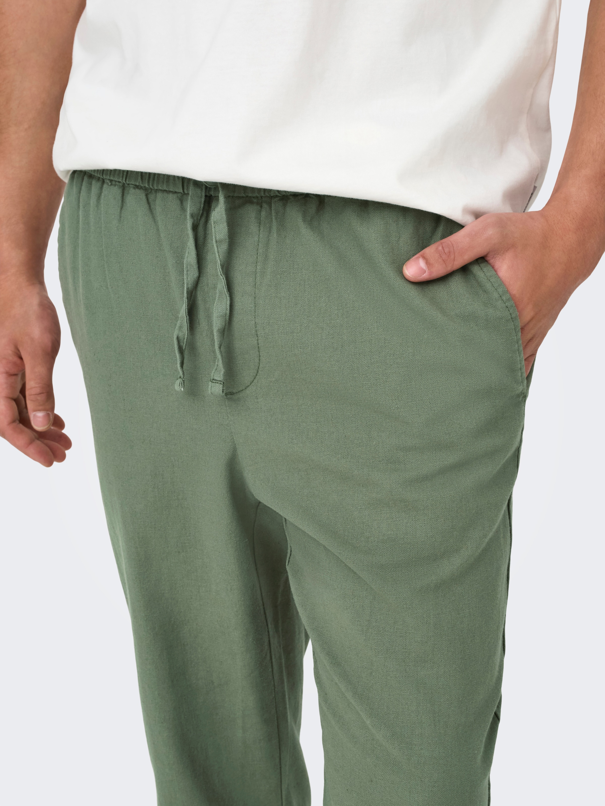 ONLY & SONS Pantalon à enfiler »ONSLINUS CROP 0007 COT LIN PNT NOOS«  coton avec lin, ceinture élastique et cordon