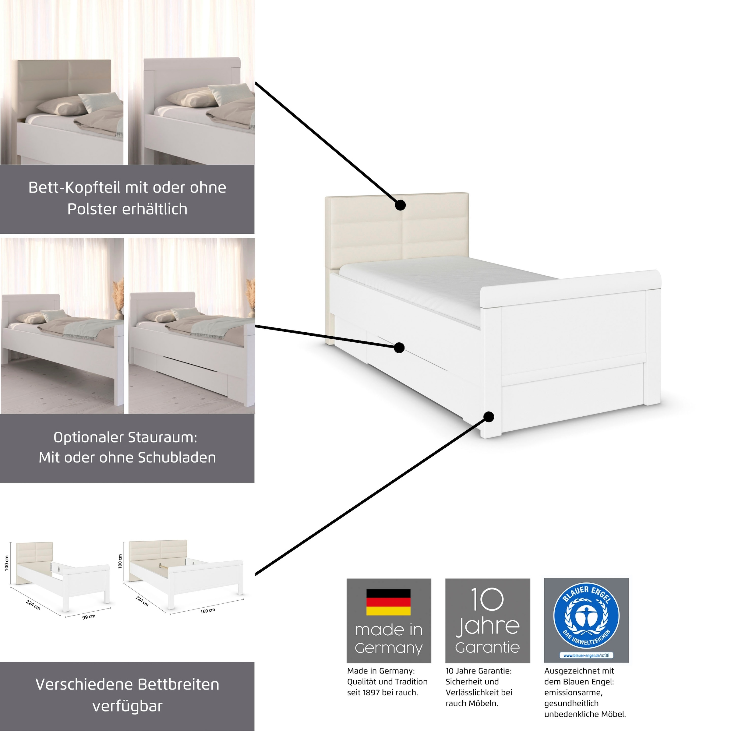 rauch Stauraumbett »Bett Einzelbett Stollenbett Bettkästen EVELYN« in Komforthöhe mit Polsterkopfteil sowie Schubladen MADE IN GERMANY